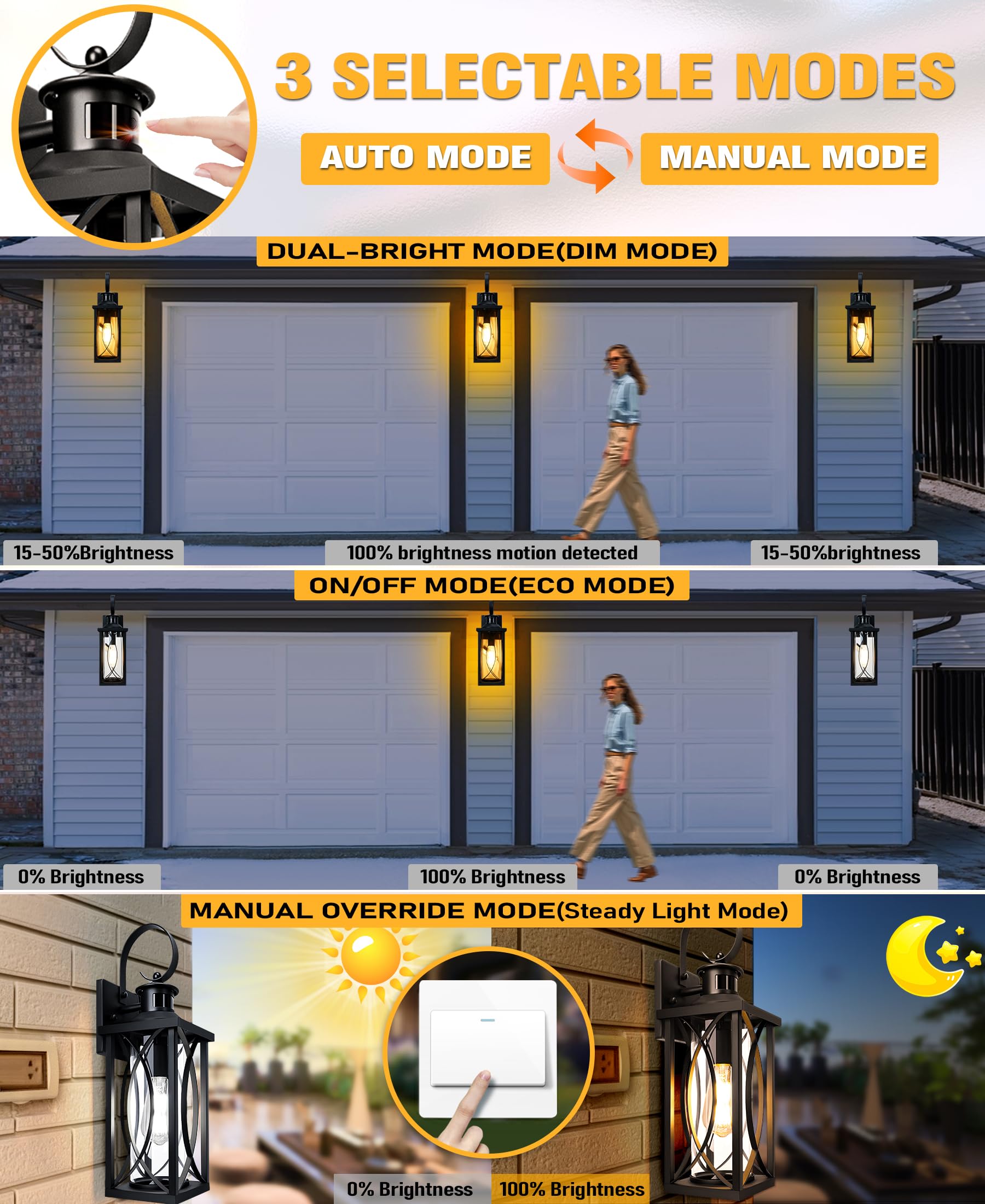 DBF Motion Sensor Outdoor Wall Lights, Anti-Rust Waterproof, E26 Socket, Black, Dusk to Dawn, Model B06140PG