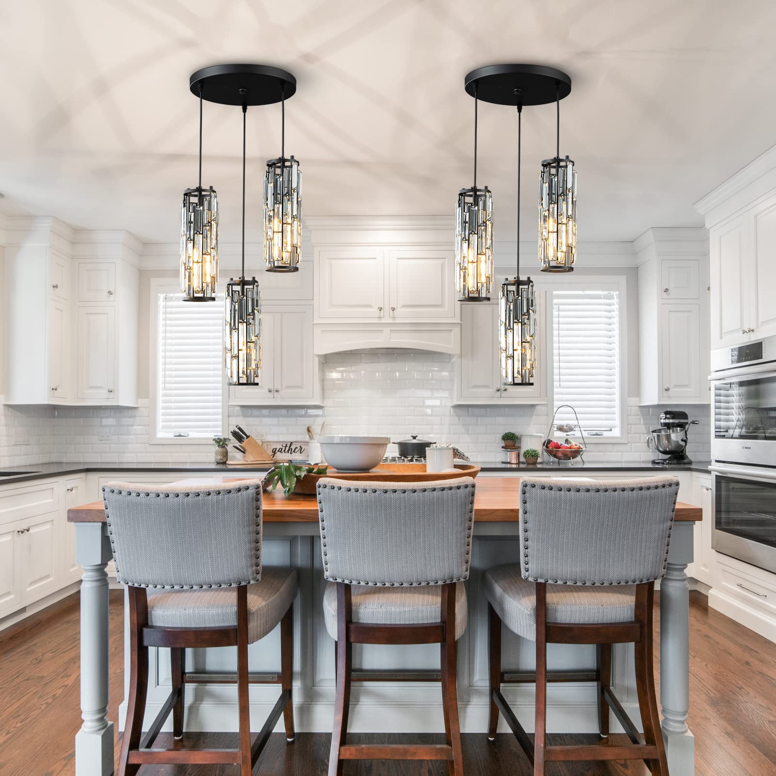 Lmqnine 3-Light Black Pendant Light Fixture, Modern Mini Crystal Chandelier For Kitchen & Dining