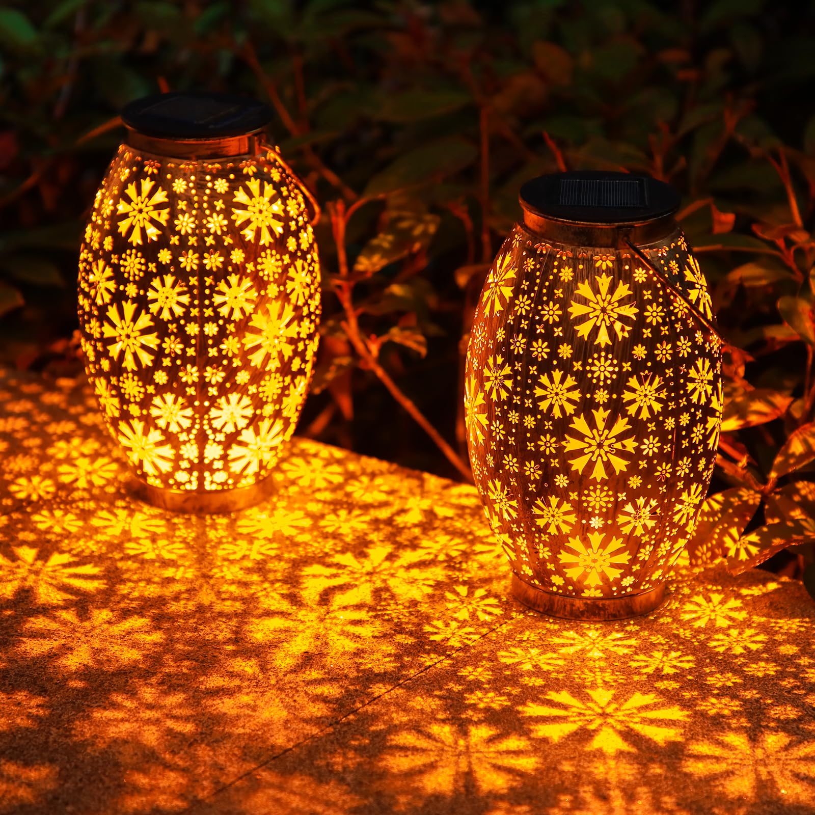 OxyLED Solar Lanterns - 2 Pack Waterproof Hanging Lights, Retro Bronze Metal for Yard, Patio, Tabletop, Model D80-0559N-20-US