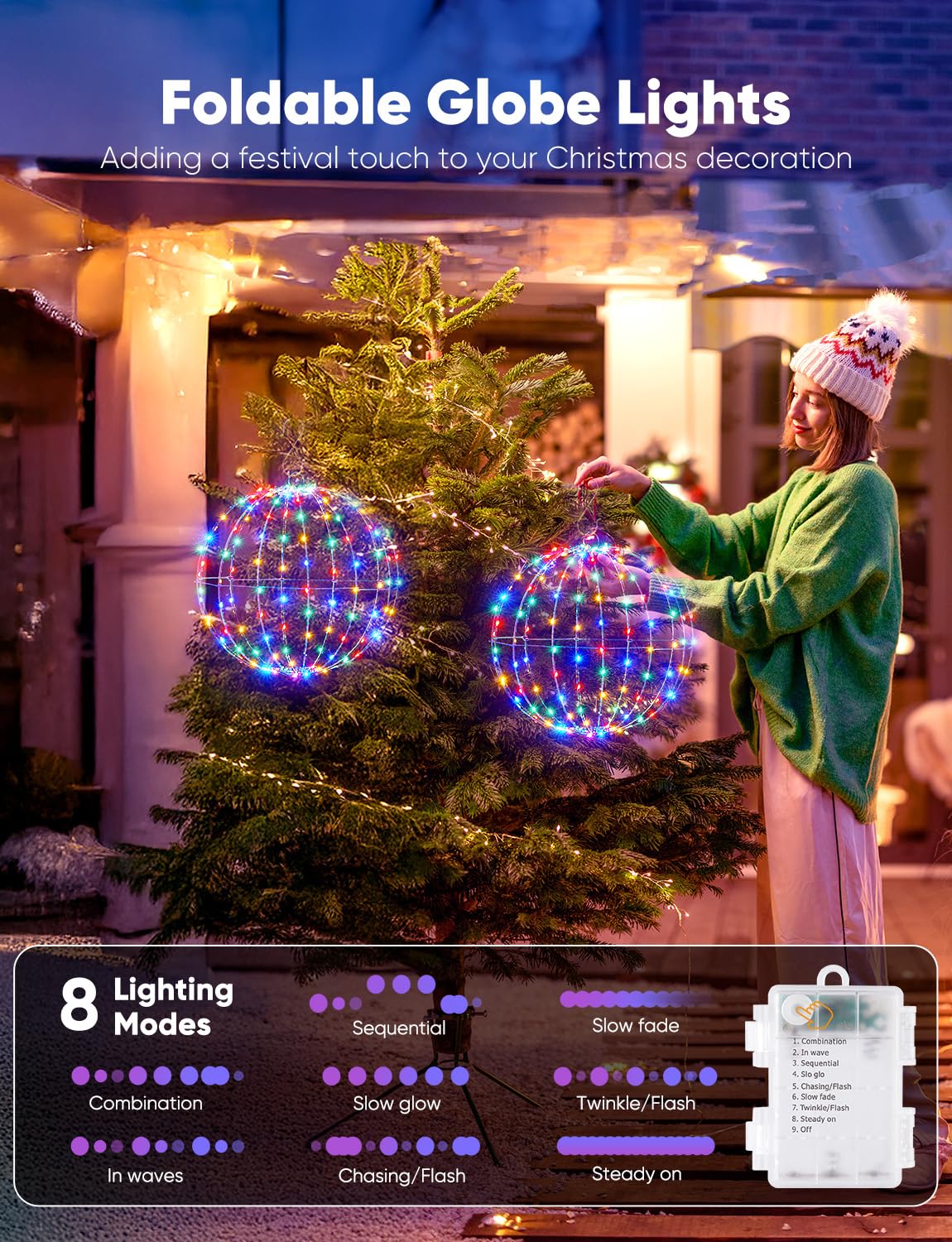 Brightown Christmas Ball Lights, 12 Inch, 120 LEDs, Battery Operated, Waterproof, 3 Pack, Multicolor