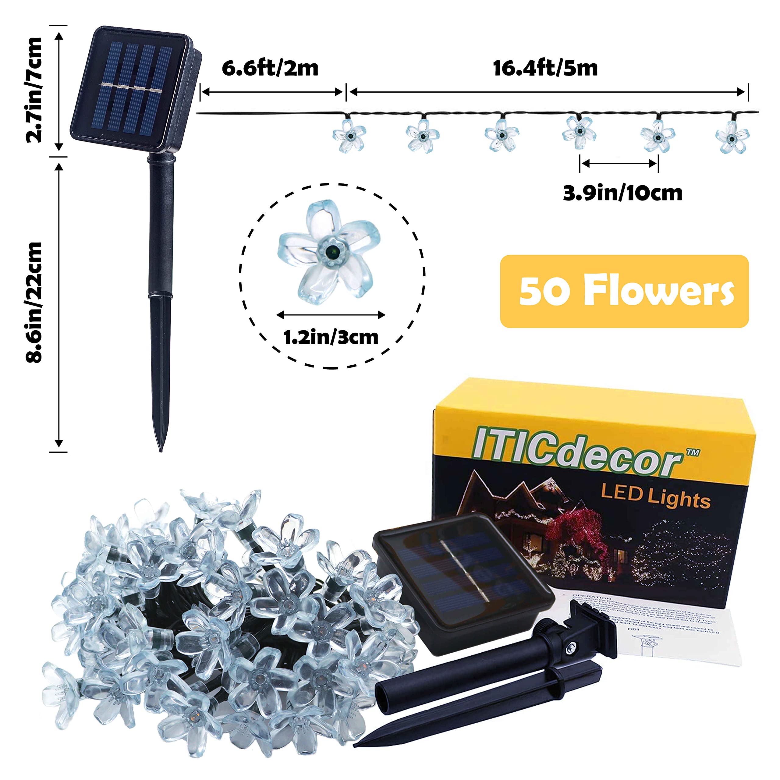 Iticdecor Solar Flower String Lights, 50 Led Green Waterproof Fairy Lights For Outdoor Garden, Patio, Fence, Spring Decor