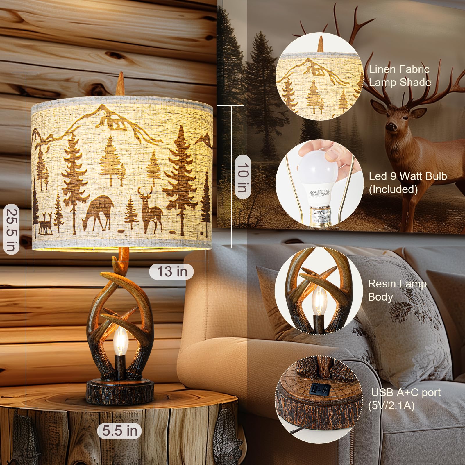 Farmhouse Deer Antler Table Lamp Set Of 2 For Living Room With Usb Ports, Rustic Bedside Lamp With Nightlight For Bedroom, Linen Fabric Shade Vintage Nightstand Lamps For Hotel Bar Country House