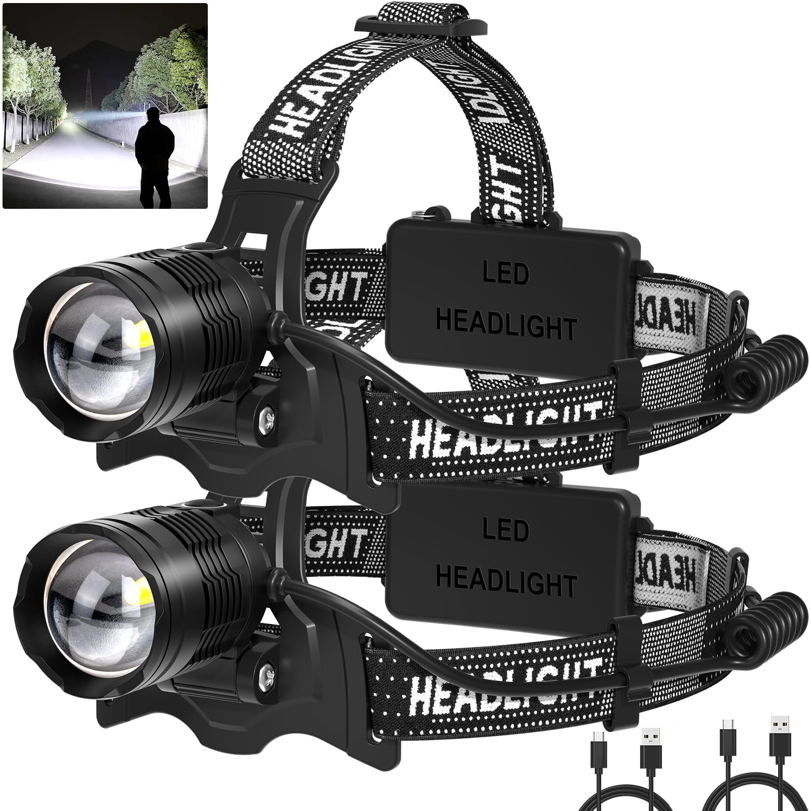 Azamine Led Headlamp Rechargeable 2Pack, 3000 Lumens Bright Head Lamp, 90 Adjustable Head Lights For Forehead With 3 Modes, Long
