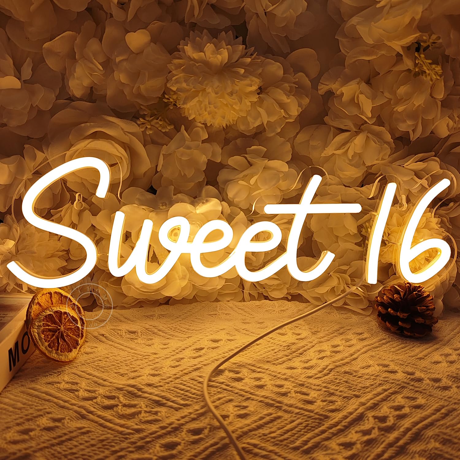 SYLHOME LED Neon Light Sign for Sweet 16 Birthday, Warm White, 15.75in x 5in, Acrylic, Model NS-ZF5VD-Sweet1602-WW