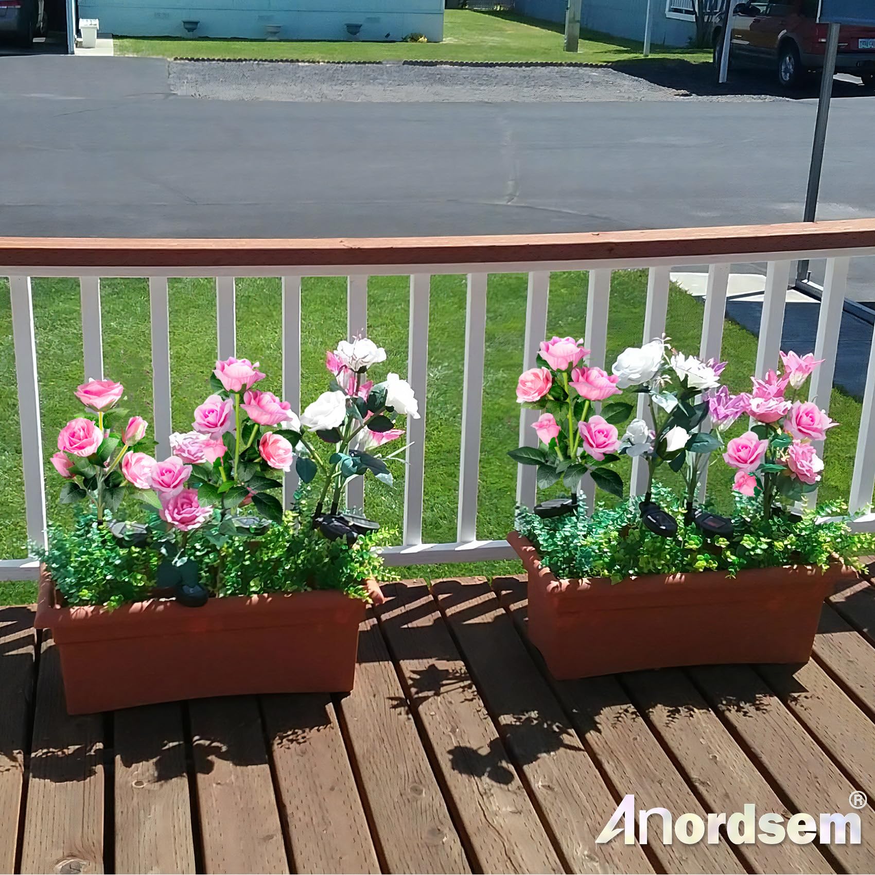 Anordsem Solar Garden Lights - Waterproof Pink Rose Lights for Outdoor Decor, 2 Pack