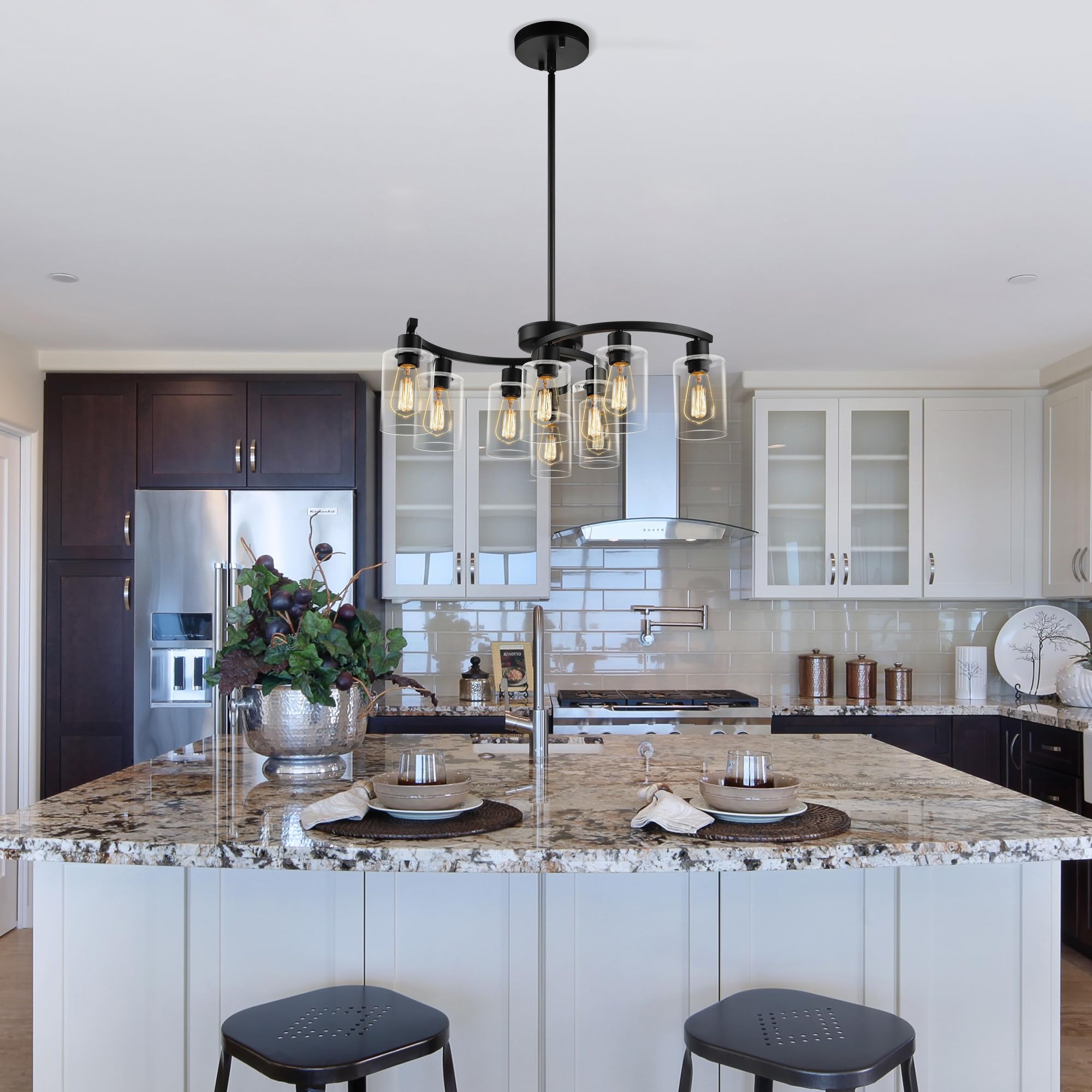 CNRATYE 9-Light Black Modern Chandelier, Adjustable Height Glass Shade, Industrial Design for Dining Room & Kitchen
