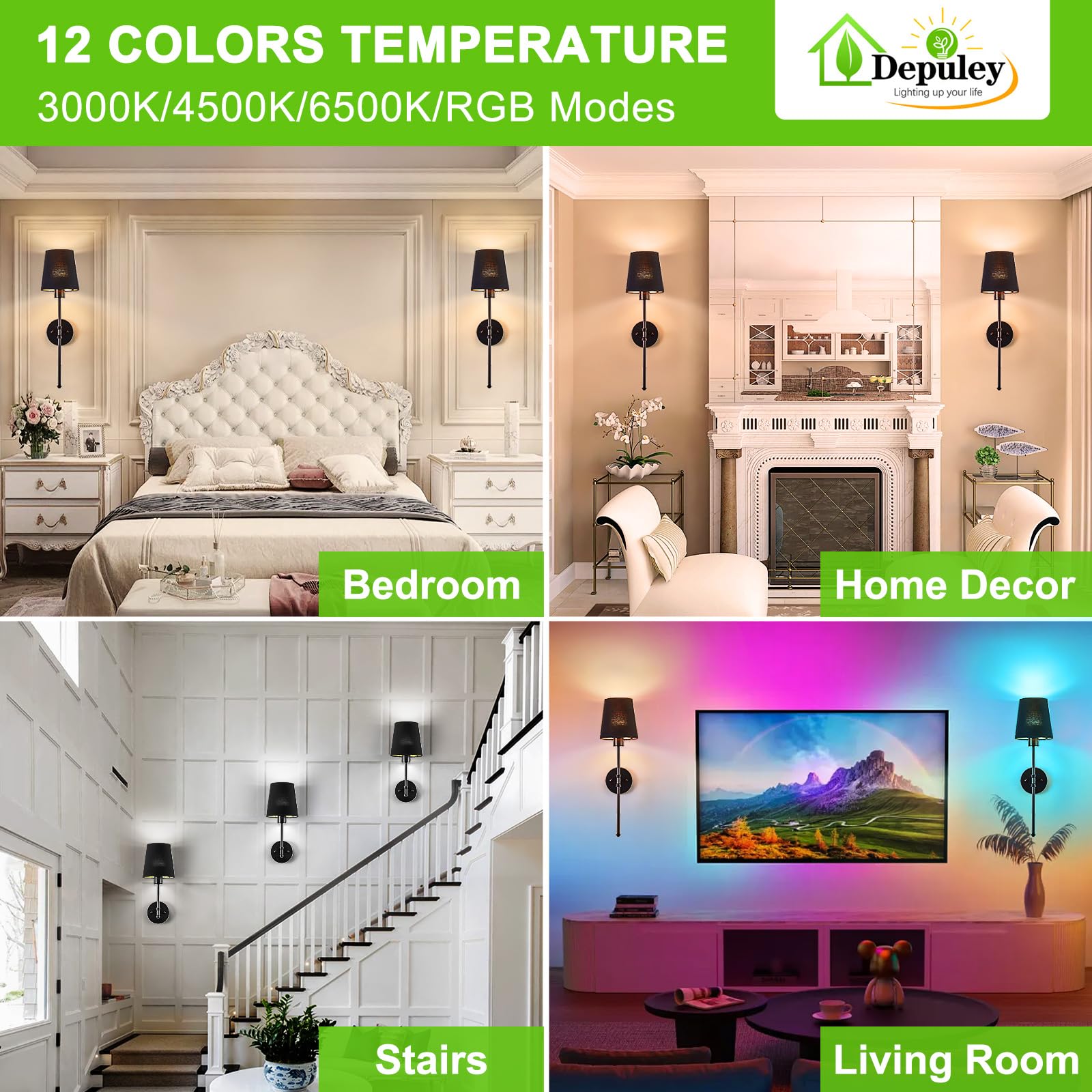 Depuley Wall Sconce Set of 2, 24in Wireless Battery Operated Lights, Black Metal, Remote Control, Rechargeable, 15 Colors for Home Decor