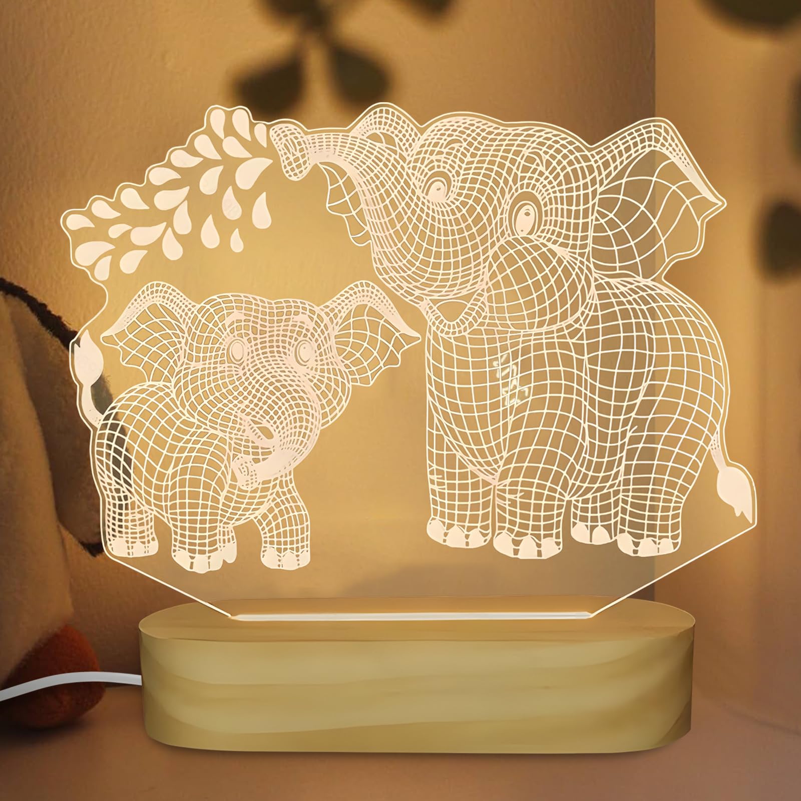 Hpydiy Elephant Shape 3D Crystal Acrylic Light Base With Wood Stand  Led Light For Kids Room Decor  Gift For Mom On Birthday Or Holiday  Home D?Cor Art Display