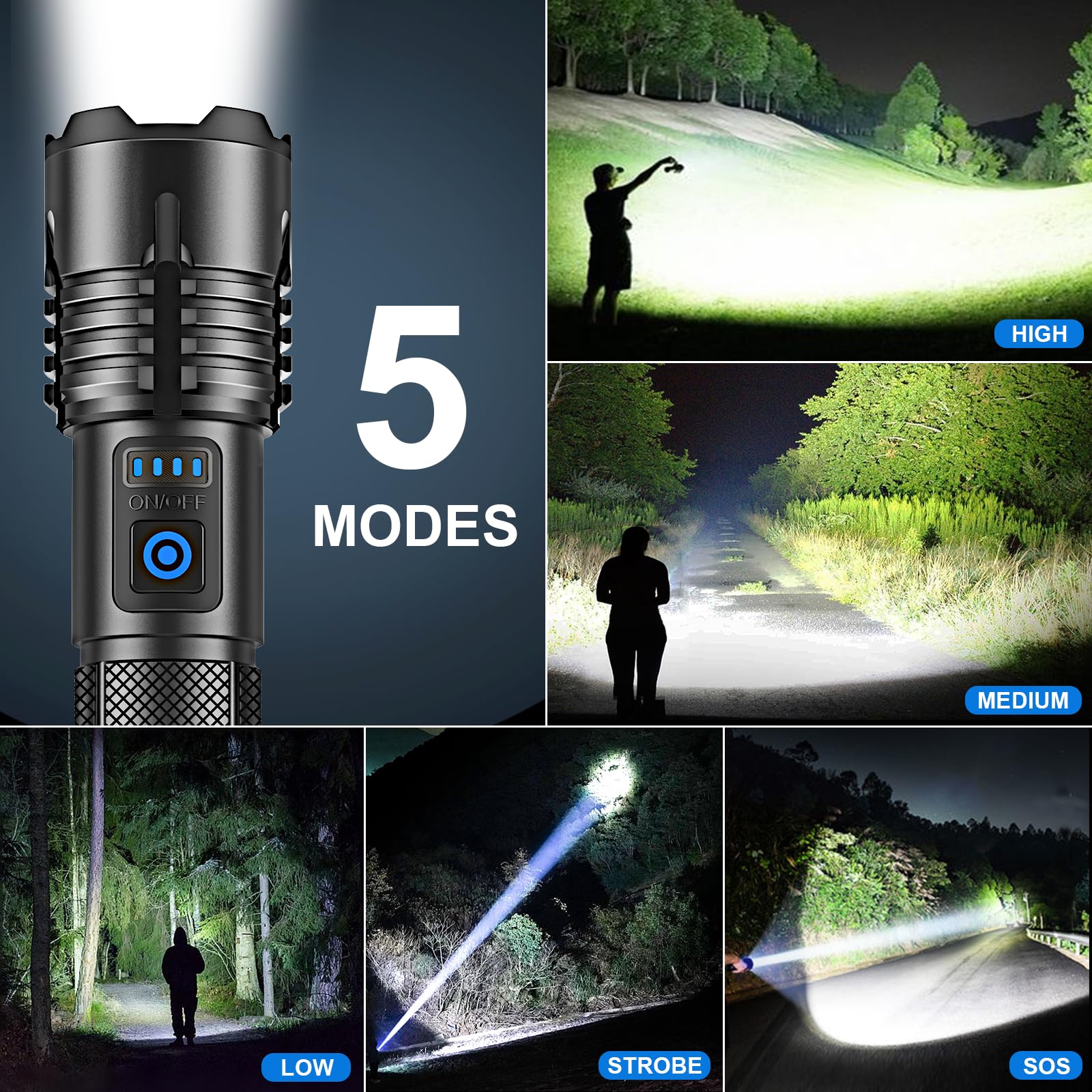 Lylting Rechargeable Flashlight, 90,000 Lumens, 5 Modes, Waterproof, Black, Model P115