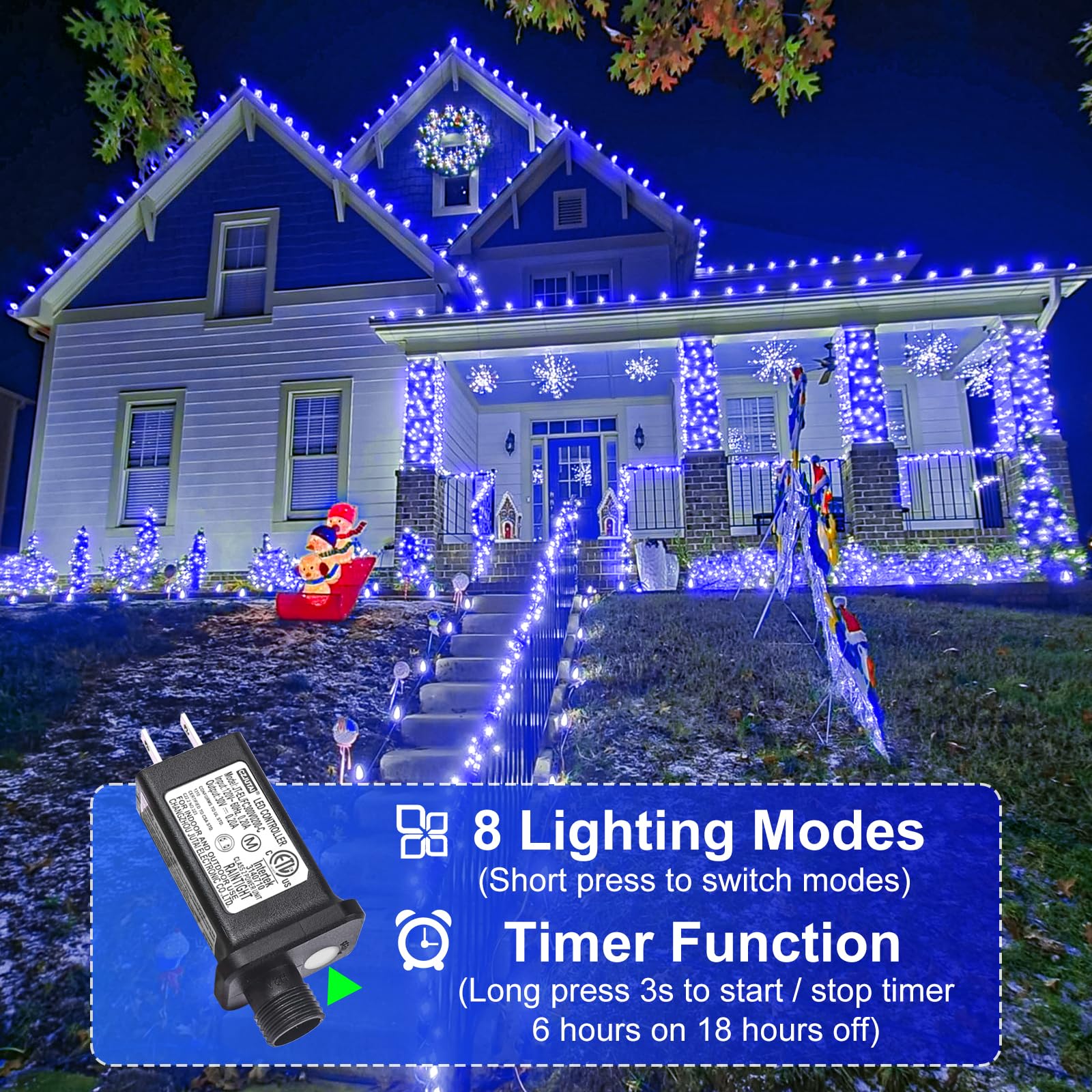 Nielfoi 328Ft 1000 Led Christmas Lights  Plug In Blue Christmas Tree Lights Outdoor With Timer And 8 Modes  Green Wire Waterproof String Lights For Indoor Yard Patio Xmas Holiday Decorations