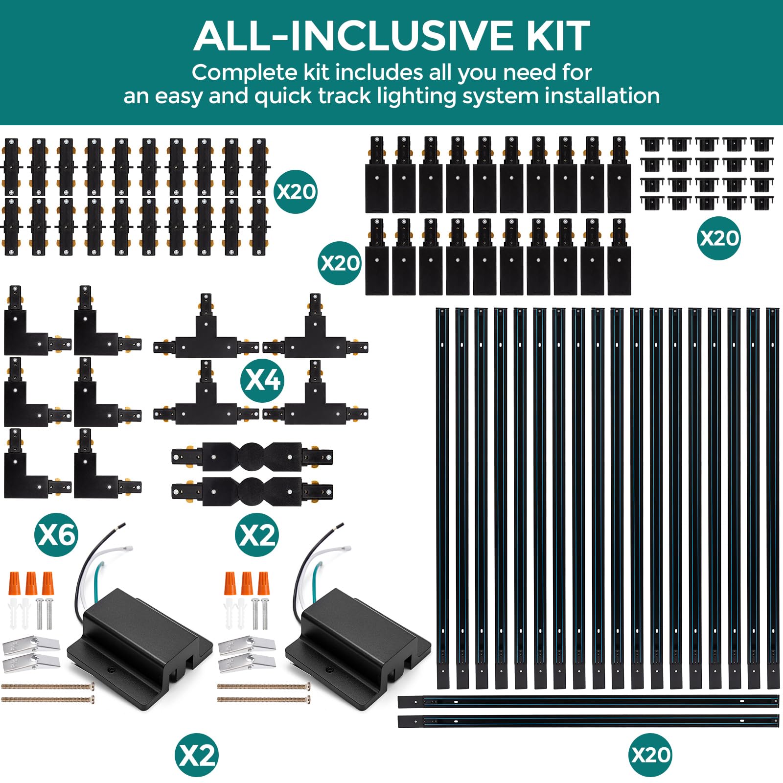 H Track Lighting Rails Kit - Icreating 65.6Ft Black Track Lighting Tracks 3 Wire With Floating Canopy Connector  L  I And T Connectors For Single Circuit H Type Led Tracks Lights Heads Fixtures