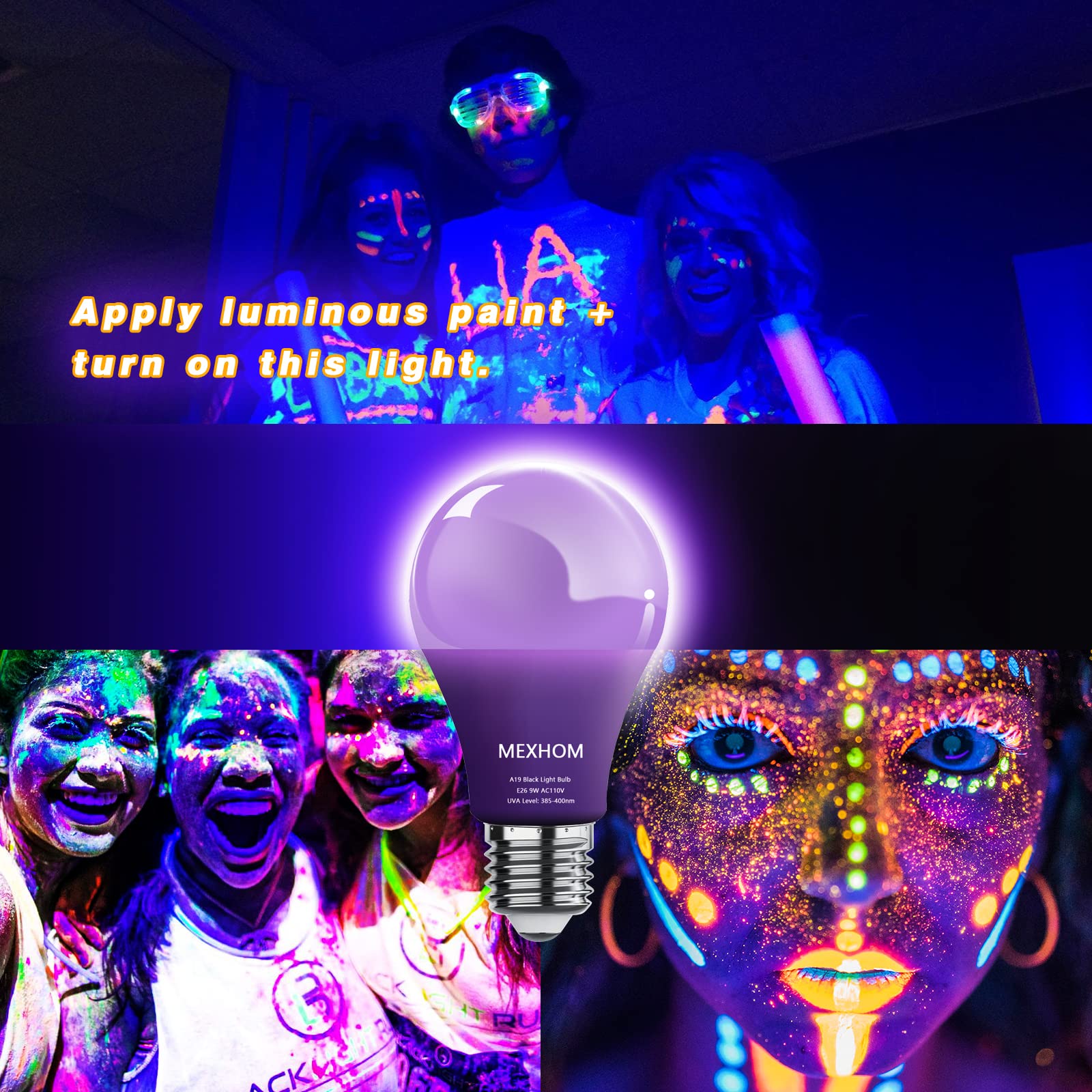 mfxmf A19 LED Black Light Bulbs, 10W (100W Equivalent), 4 Pack, UVA 385-400nm, Black for Parties and Neon Glow