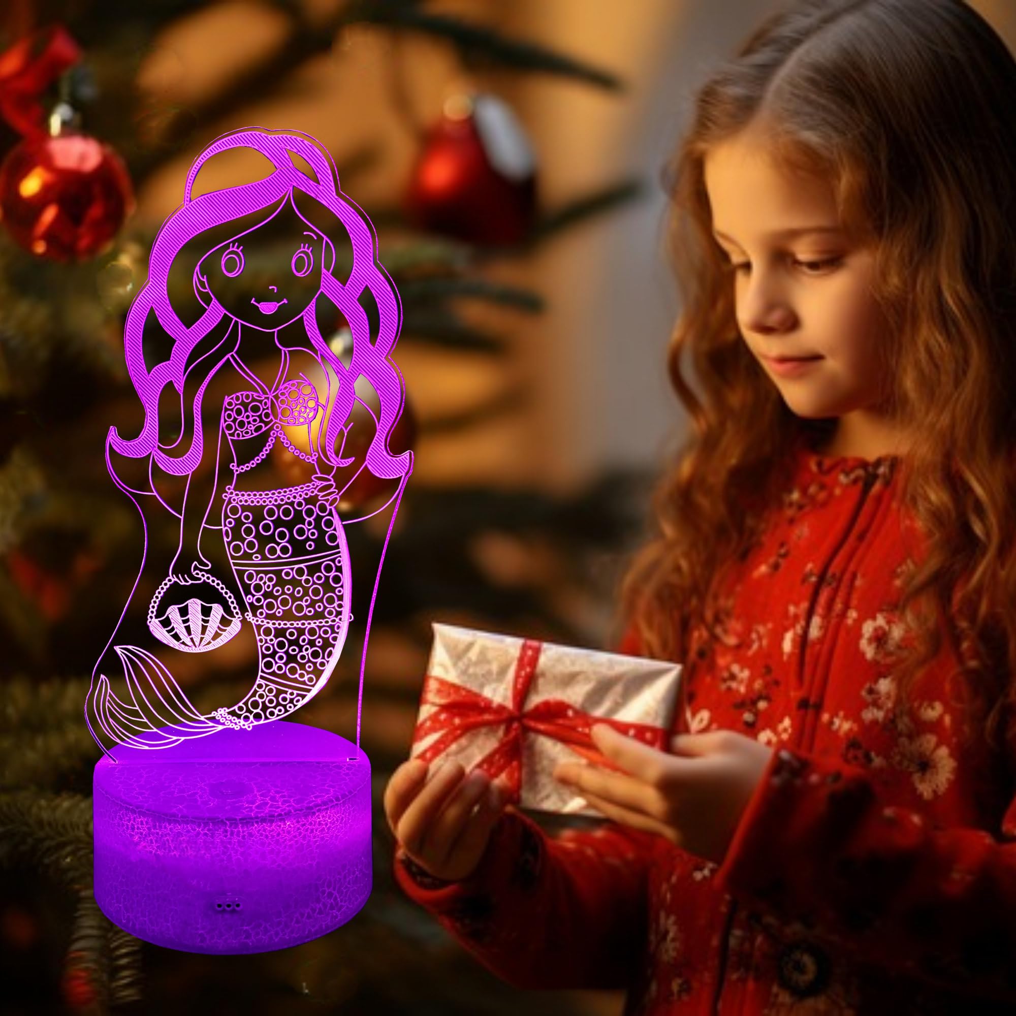 Kenmaca Mermaid Night Light For Girls Bedroom, 3D Illusion Led Lamp, 2 Patterns 16 Colors Changing Dimmable Room D  Cor Bedside,
