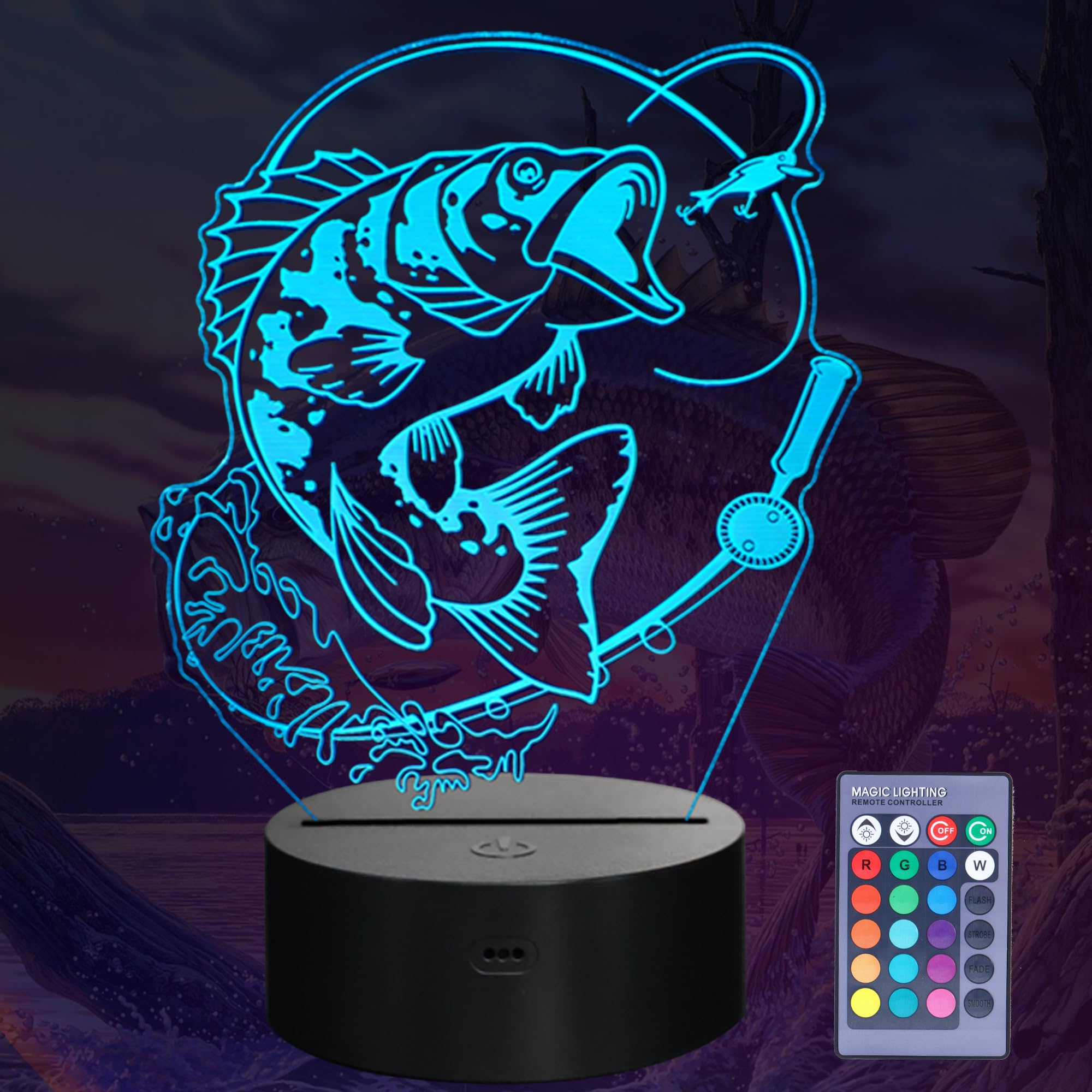 POSSHE Fish Night Light, Fish 3D Illusion Lamp, Go Fishing Man Gifts with 16 Colors Changing, Remote Control, Dimmable, Kids Roo