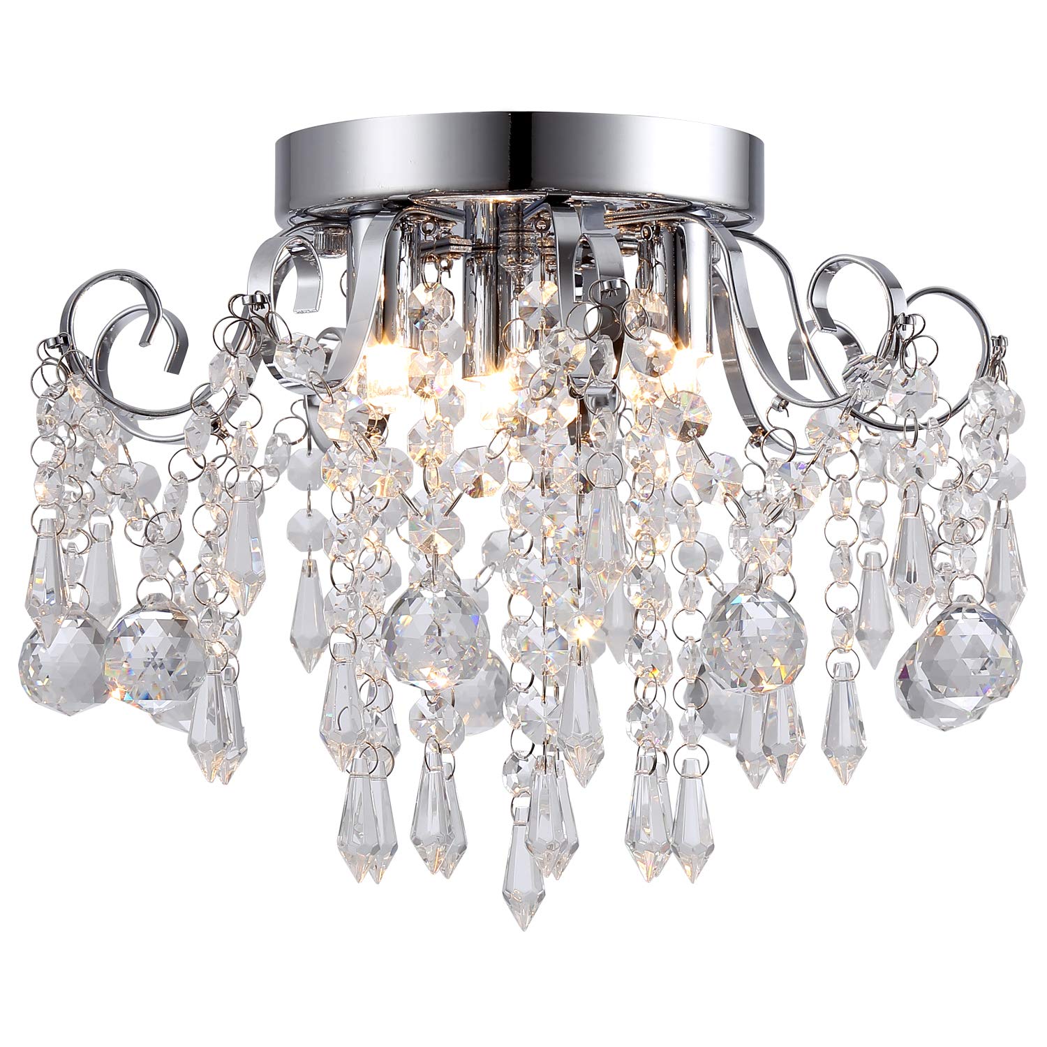 Q&S 3-Light Small Crystal Chandelier Flush Mount Ceiling Light, Chrome Iron Fixture for Bedroom, Hallway, Entryway, Model P2001-3