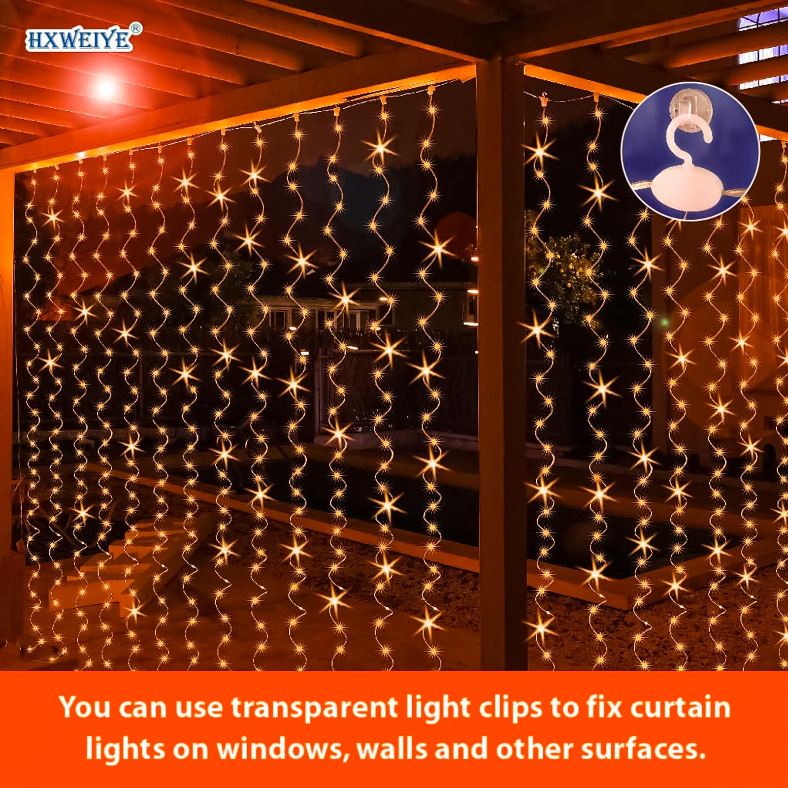 HXWEIYE Fairy Curtain Lights - 300LED, Orange, USB, 9.8x9.8Ft, 8 Modes, Timer, Model HY100150-300