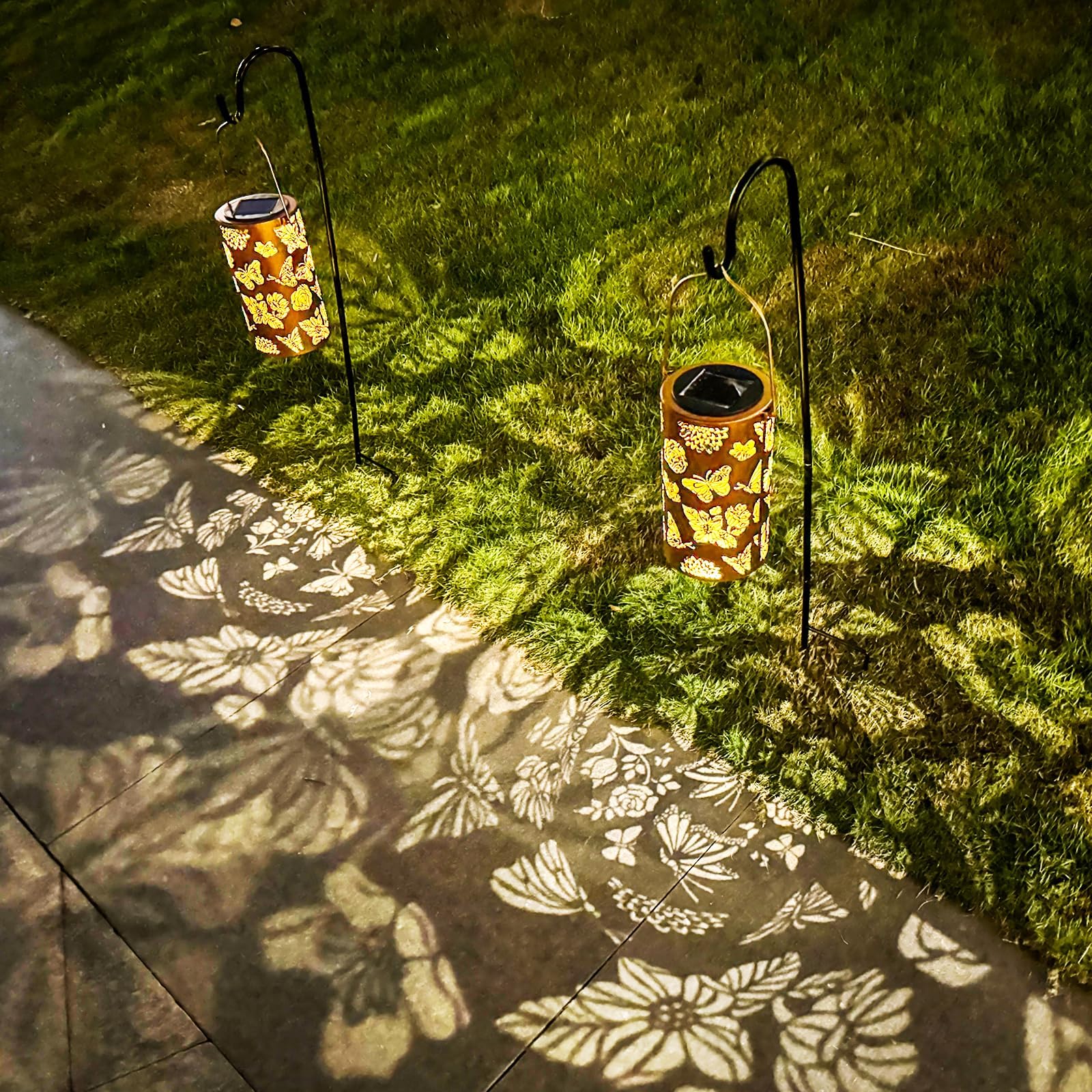 2 Pack Butterfly Solar Gardening Gifts Lanterns Decorative Outdoor, Flower Pattern Solar Hanging Lights Waterproof, Garden Decor