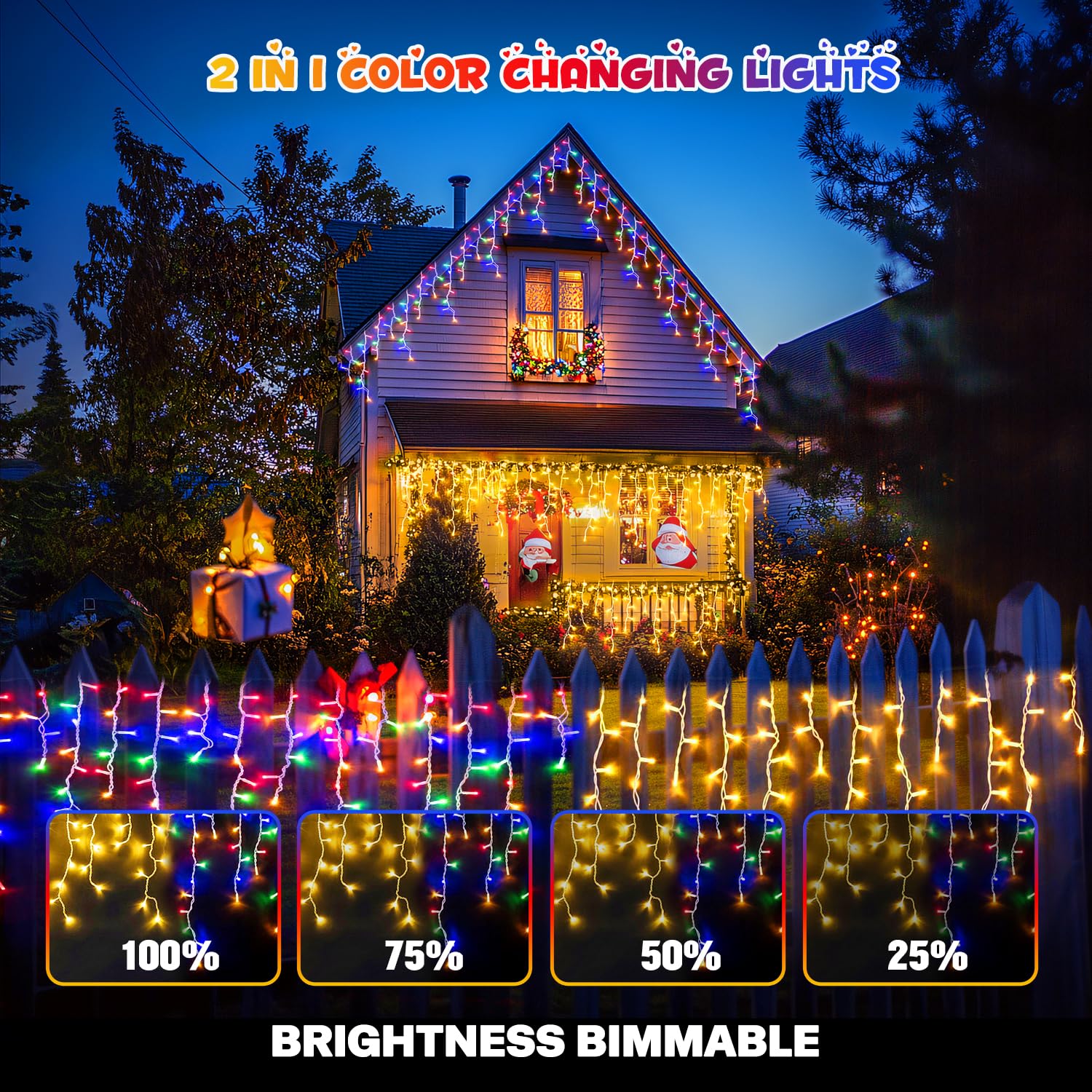 JMEXSUSS Color Changing Christmas Icicle Lights, 400 LED, Waterproof, 11 Modes, Warm White to Multicolor, Model EXS-I-0400-R