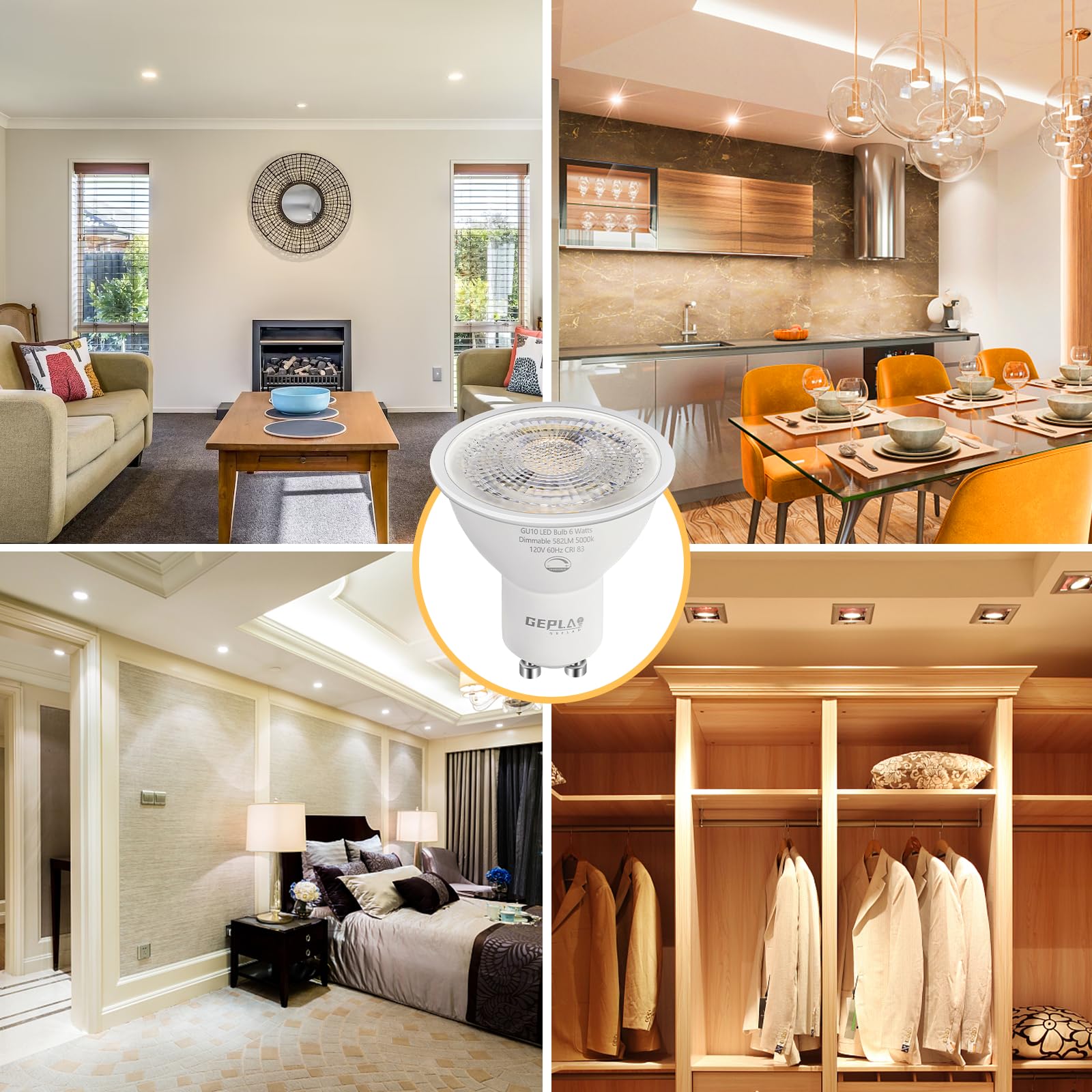 6-Pack Gu10 Led Bulbs 6W Dimmable,4000K Cool White, 582Lm,38° Beam Angle, Replacement 50W Halogen Light Bulb, For Spotlight Track&Recessed Lighting