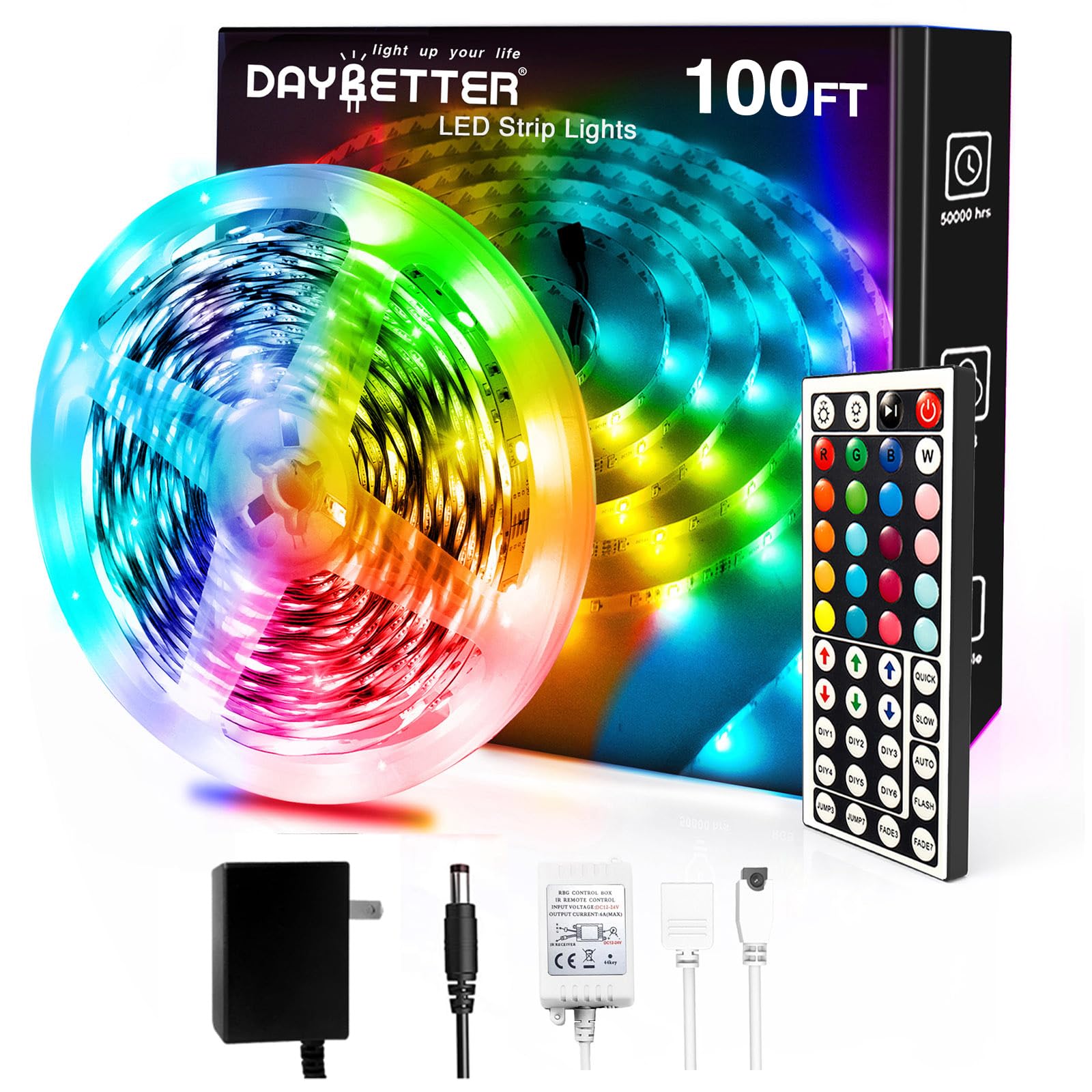 DAYBETTER Led Strip Lights 100ft, RGB Color Changing Led Strips with 44 Keys Remote Control for Room, Bedroom, Suitable for Home