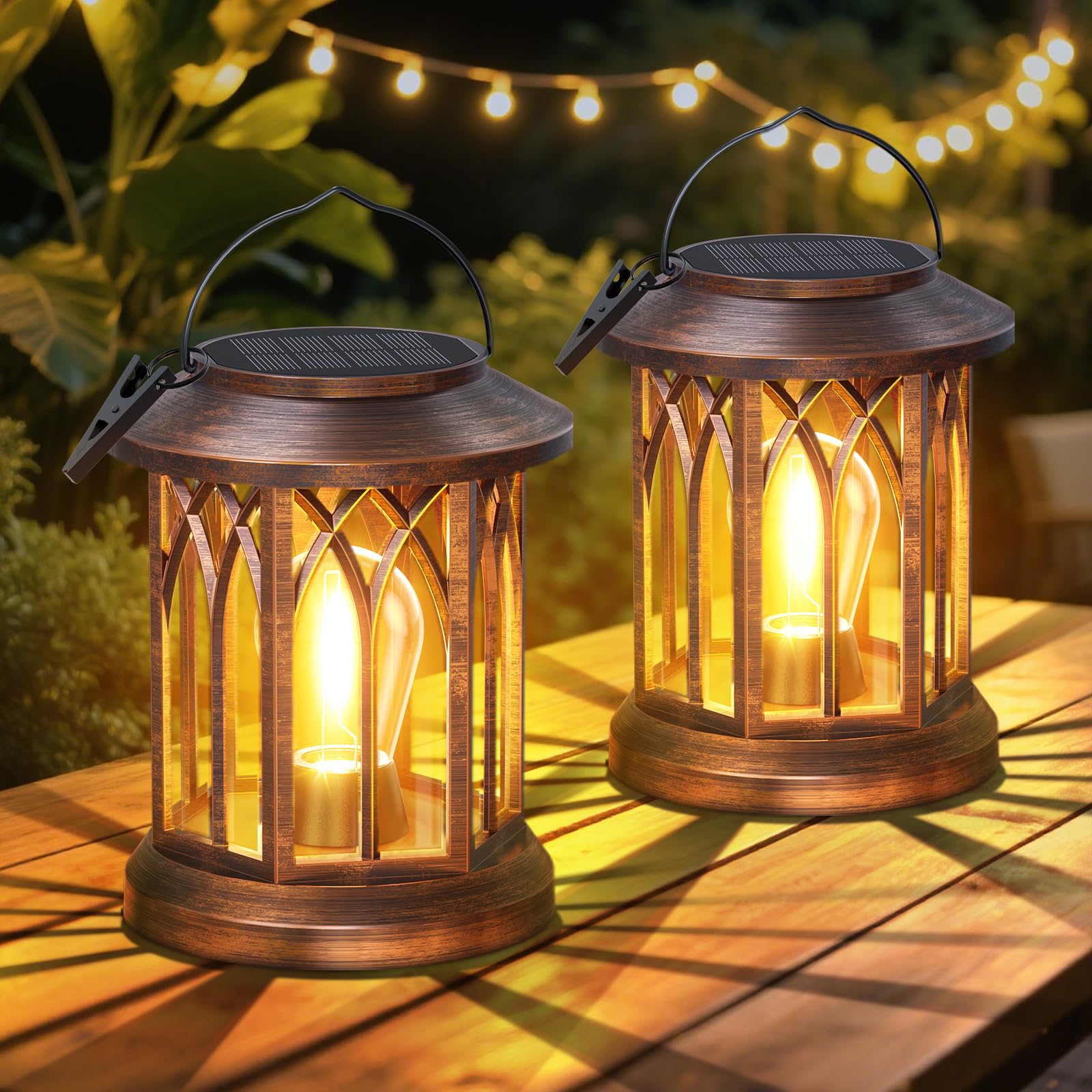 WdtPro Solar Lanterns 2 Pack, Waterproof Copper Hanging Lights, Model TLL009, Solar Powered for Outdoor Garden Patio Decor