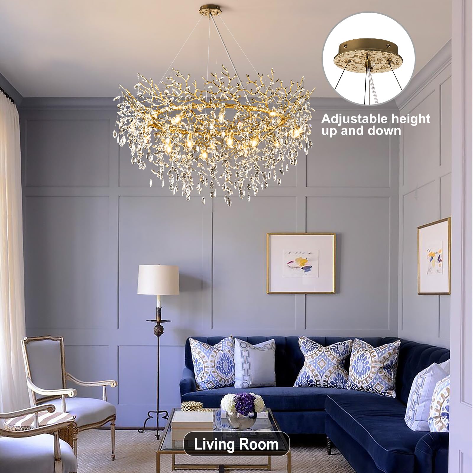 kvtinmty 14-Light Crystal Chandelier, 48" Round Gold Design, Modern Lighting for Dining Room, Living Room, Foyer, High Ceilings
