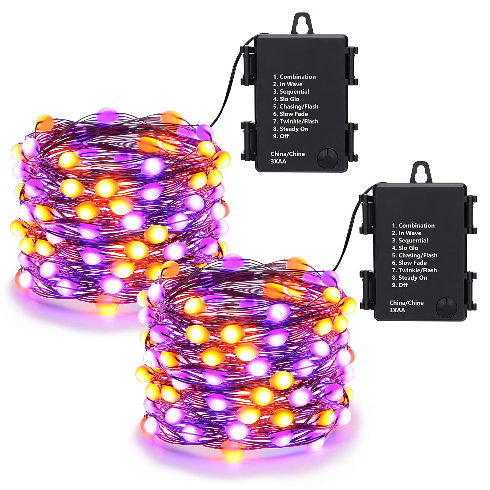 Lomotech Orange Purple Halloween Lights, 2 Pack 16.4Ft 50 Led Battery Operated Halloween Fairy Lights With Timer Function, 8 Mod