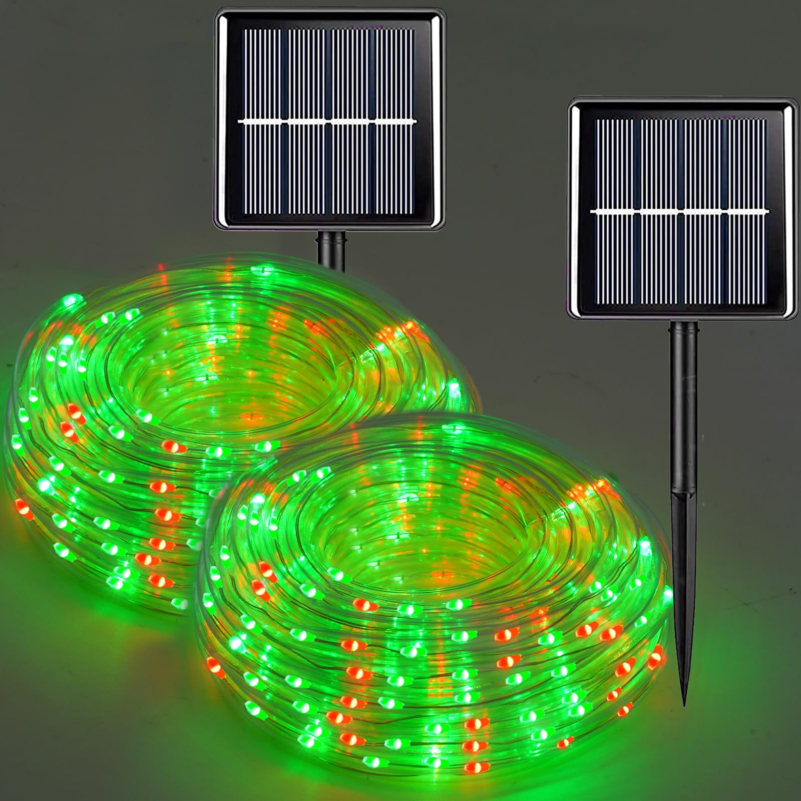 QITONG 2 Pack Red and Green Solar Rope Lights, Each 33ft 100 LED Solar Christmas Lights Outdoor, 8 Modes Clear PVC Tube Solar St