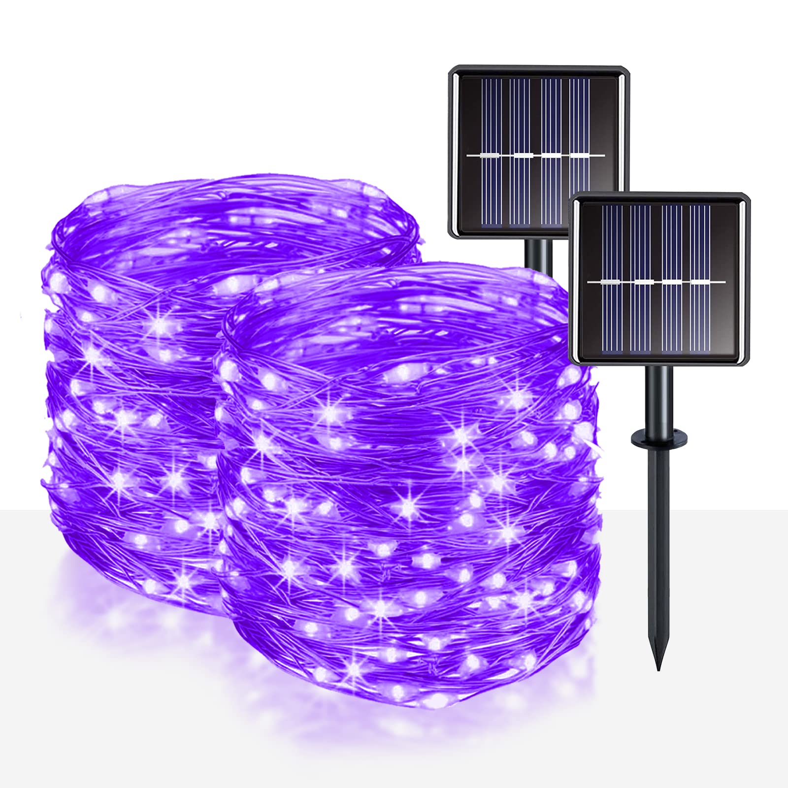 suddus Halloween String Lights Solar Powered, 2 Pack Total 66ft 200 LED Purple Solar Lights Outdoor Waterproof, 8 Modes Purple Halloween Lights for Porch Tree Garden Patio Yard Party Decorations