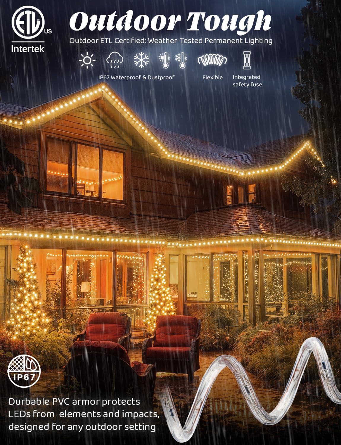 Wyzworks 3312Leds, 300Ft Led Warm White Rope Light, Connectable Outdoor Permanent Waterproof Accent Exterior Lighting, Flexible Clear Pvc, Etl Certified, Holiday, Backyard Patio, Home, Décor
