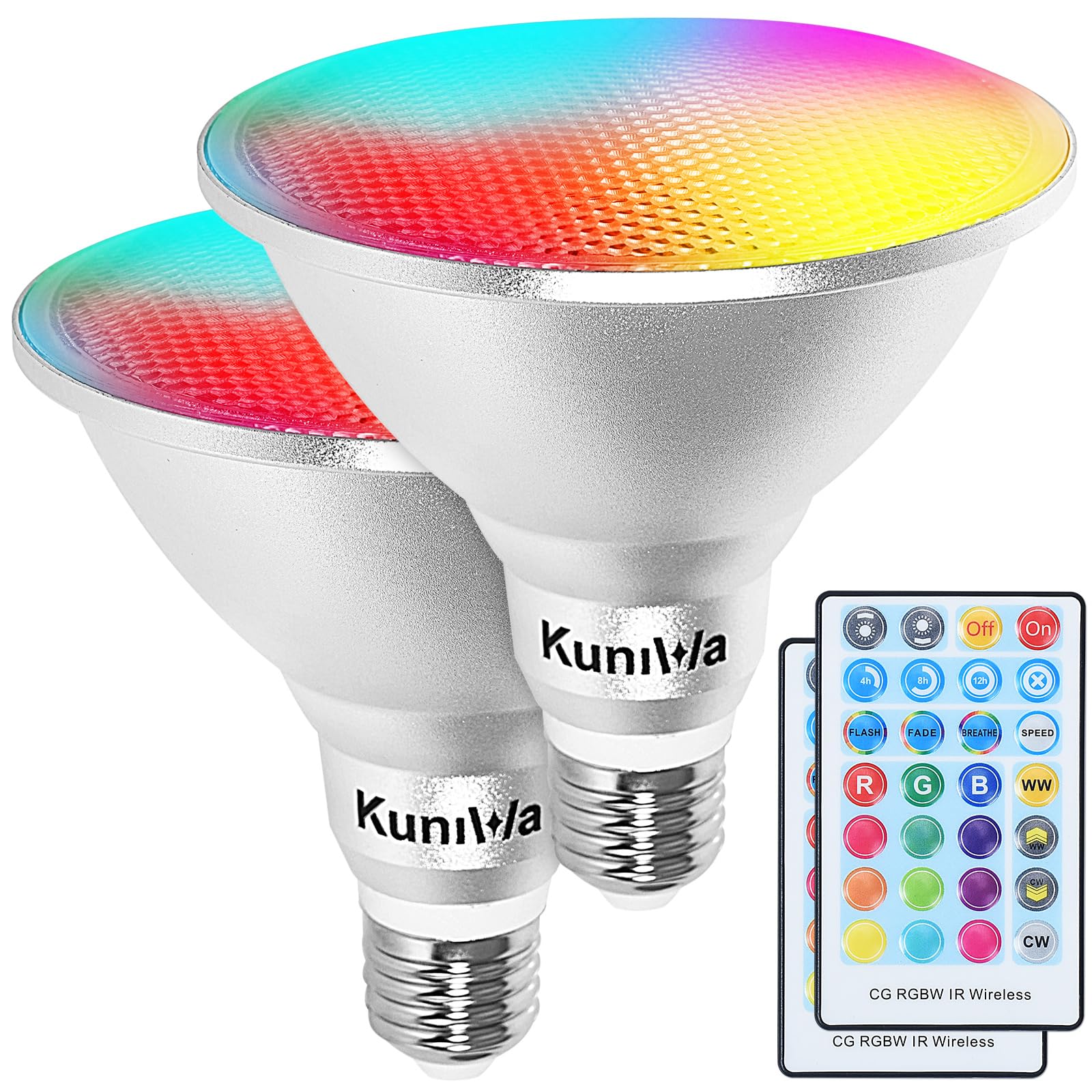 Kuniwa 2 Pack Par38 Flood Light Bulbs Outdoor 30W, Led Color Changing Spotlight Waterproof, 100W Equivalent, Timing, Remote, Rgb