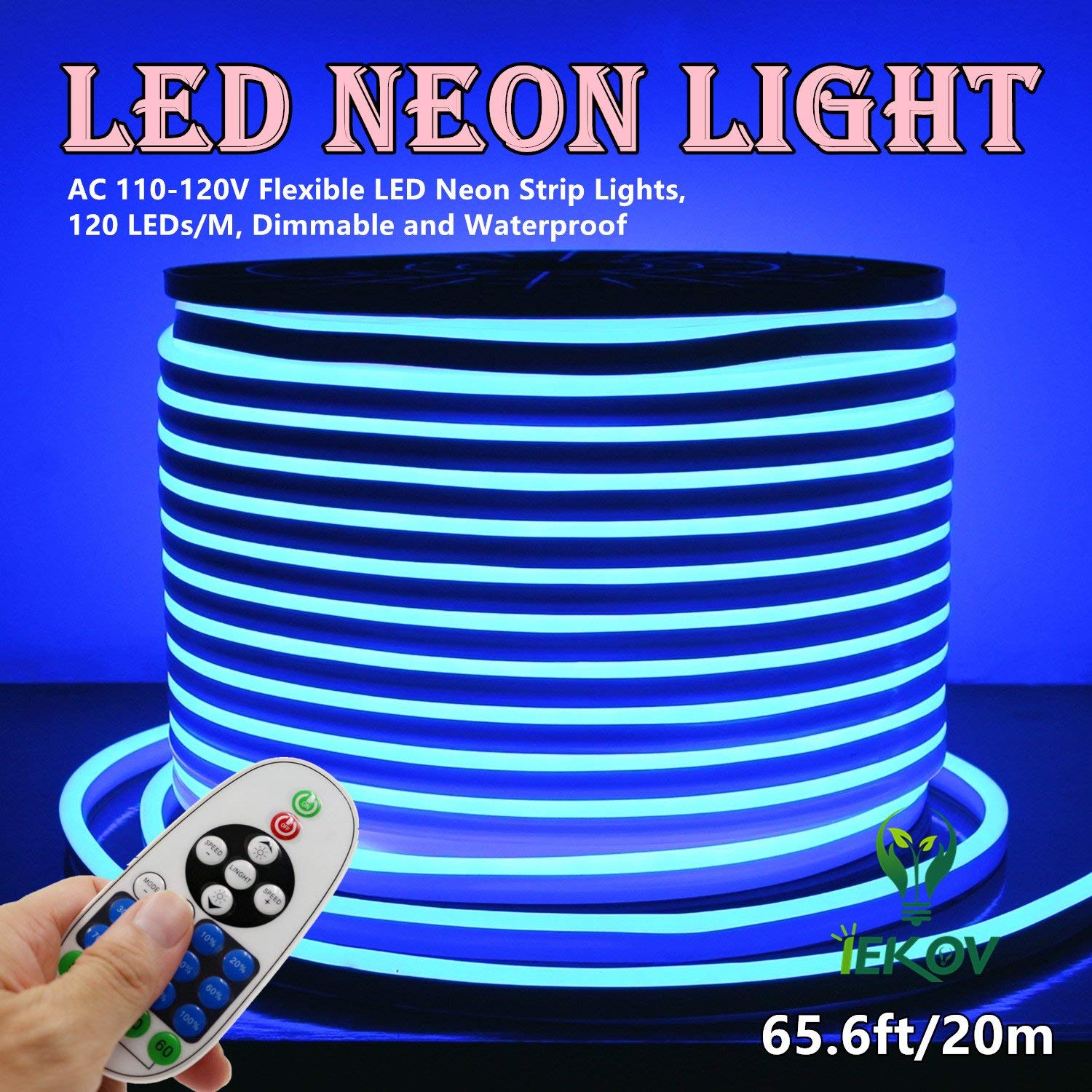 IEKOV LED NEON Light, 20m Flexible Dimmable Waterproof Strip, 120 LEDs/M, Blue, Model NEON LIGHT-B-20M