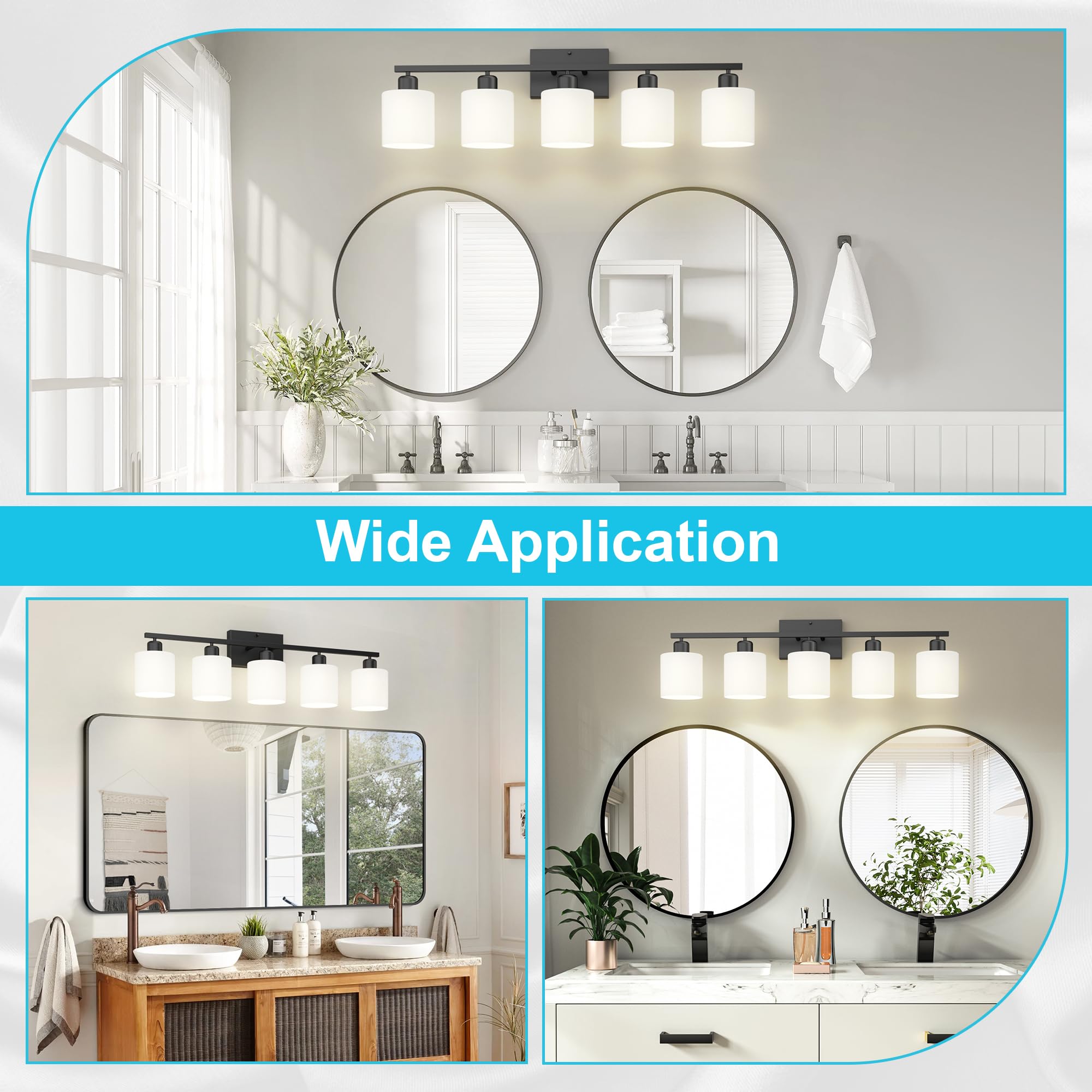 Dekang Bathroom Black Lighting Fixtures Over Mirror, Anti-Rust 5-Light Bathroom Vanity Lights,Milky White Glass Shades