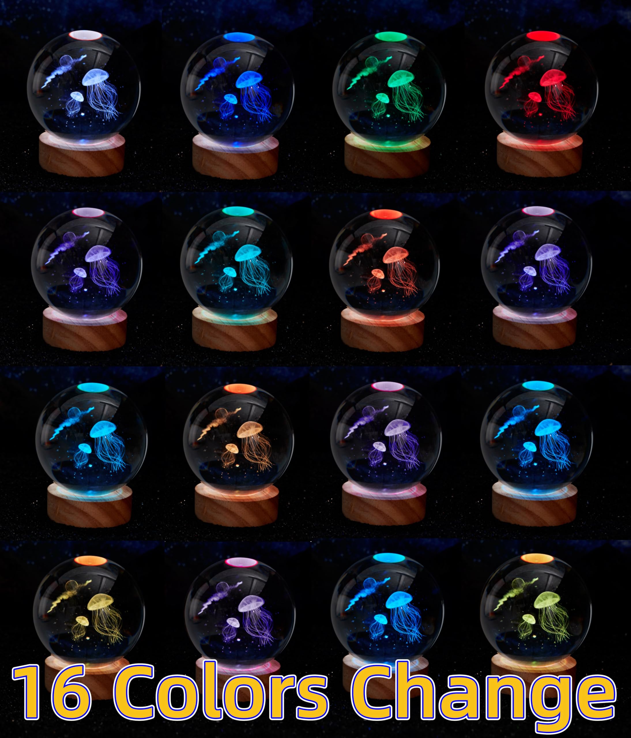 3D Jellyfish Crystal Ball Lamp, Upgraded 3.15 Inch Jellyfish Crystal Ball Night Light With 16 Colors Led Wooden Base, Remote Con