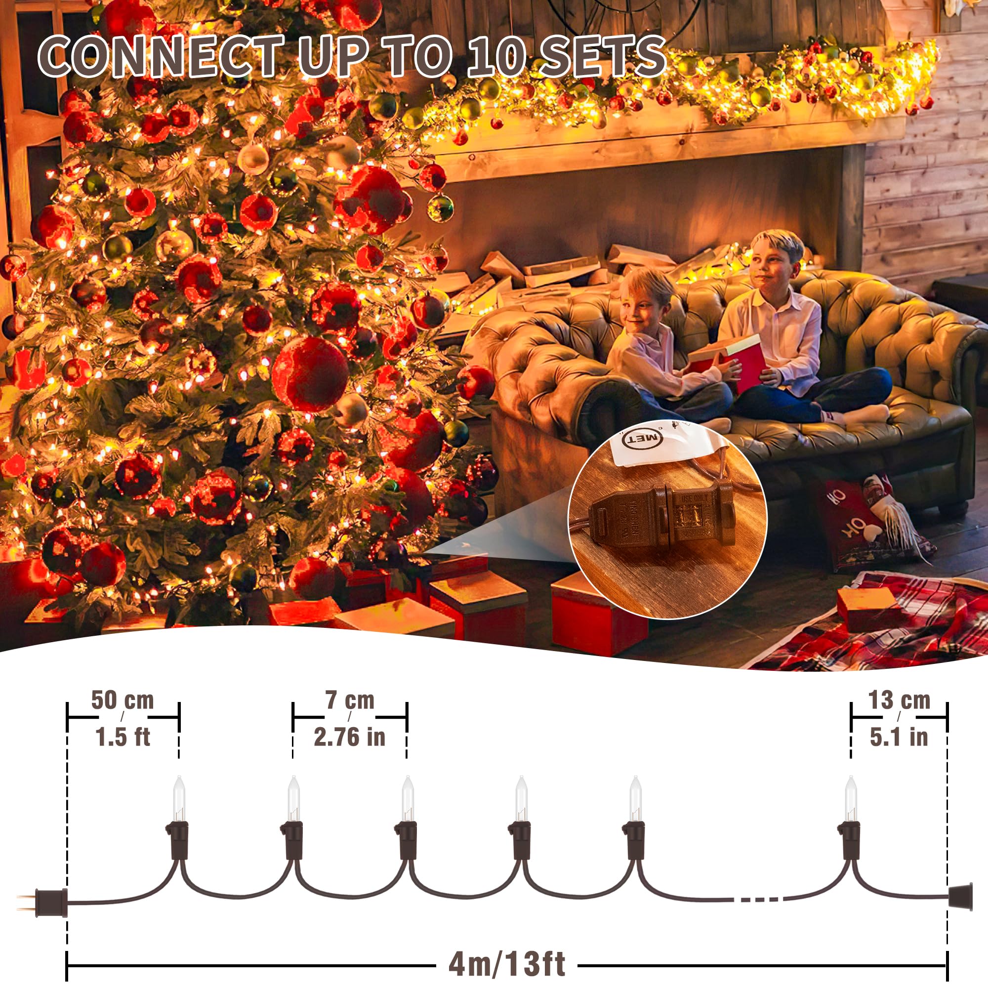 Youngar 13Ft 50 Clear Christmas Lights Outdoor, Ul Approved Christmas Tree Lights With Brown Wire, Incandescent Mini Lights Plug