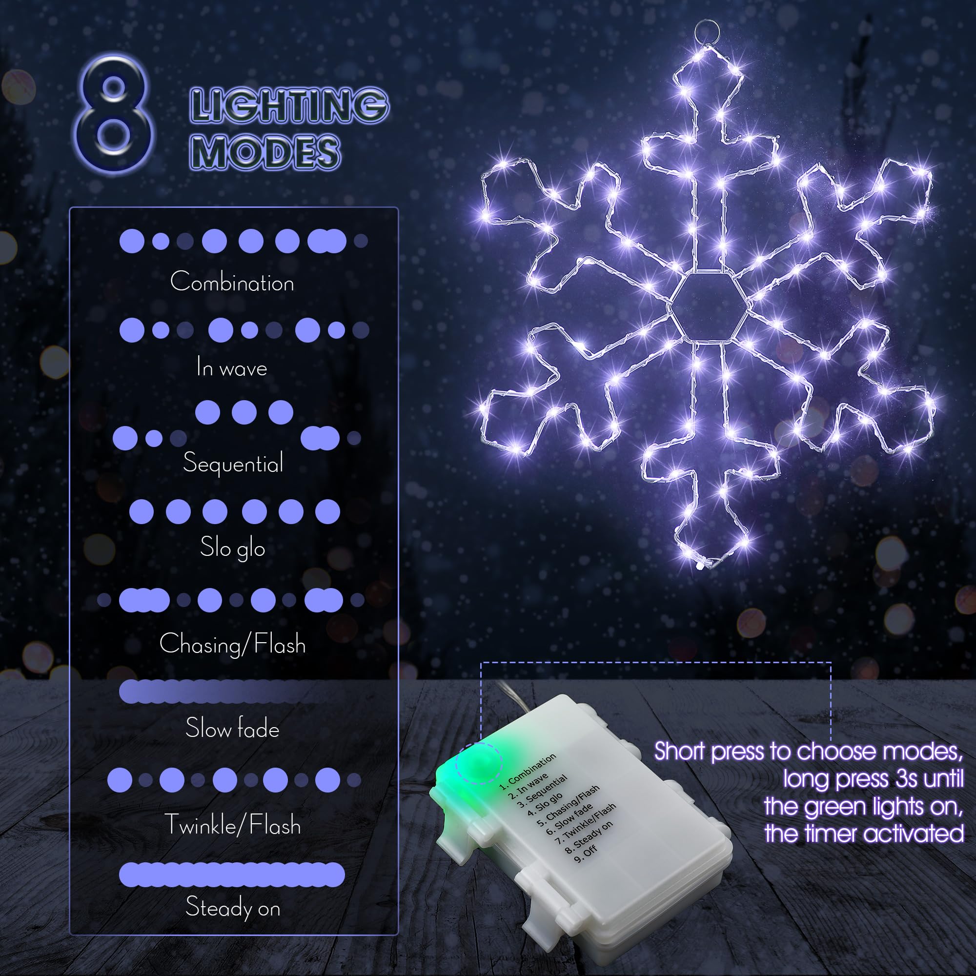 Hiboom 2 Pack 12" Cool White Snowflake Window Lights with LED String, Battery Powered, 8 Modes for Christmas Indoor Decor, Model CW-Hiboom-31051