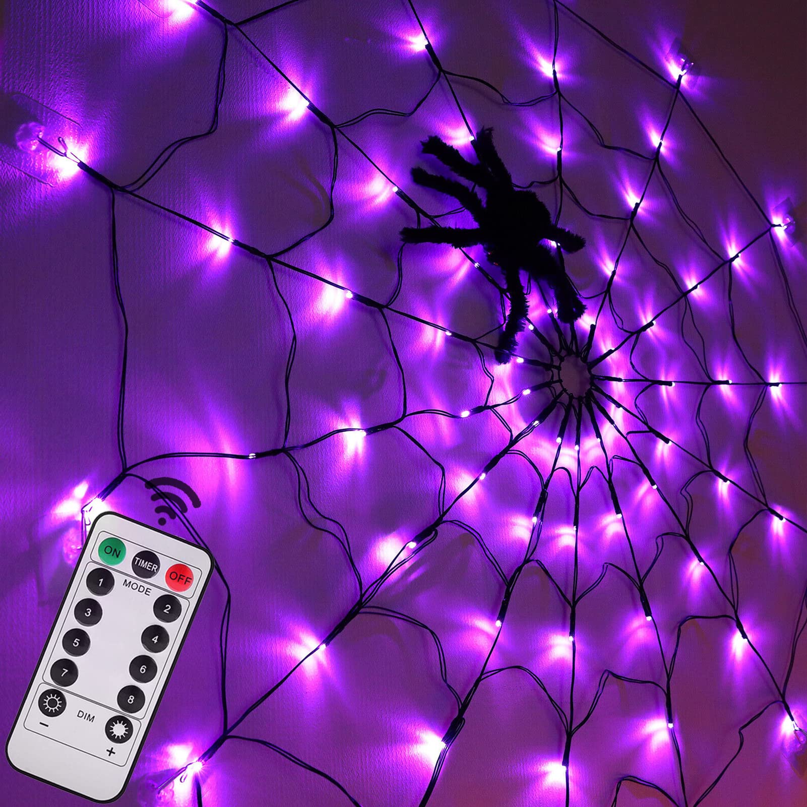 LCHUANG Halloween Spider Web Lights - 4FT, 70 LEDs, Waterproof, Remote Control, 8 Modes, Purple, Model YZZW-001
