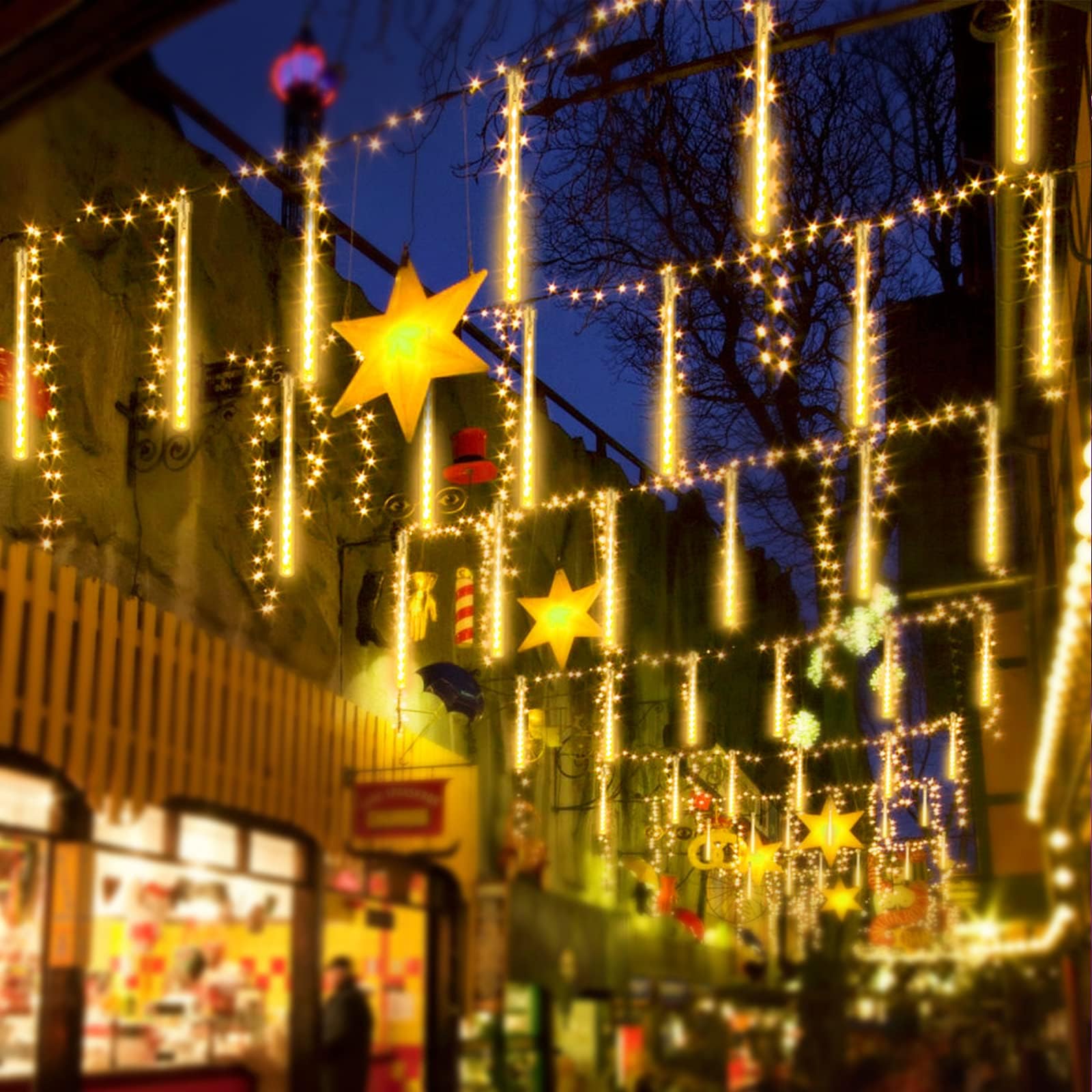 2-Pack Extendable Meteor Shower Christmas Lights Outdoor  16 Tubes 384 Leds Waterproof Falling Rain String Lights  Christmas String Lights Outdoor For Tree Patio Garden Holiday Decorations(Warm White)