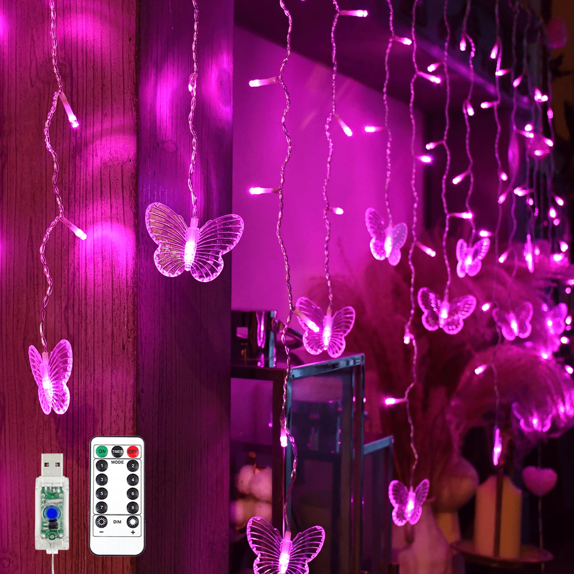 YOLIGHT Butterfly Curtain Lights, Pink Fairy Lights with Remote Timer, 8 Modes Twinkle LED for Girls Room Dorm Garden Window Pa