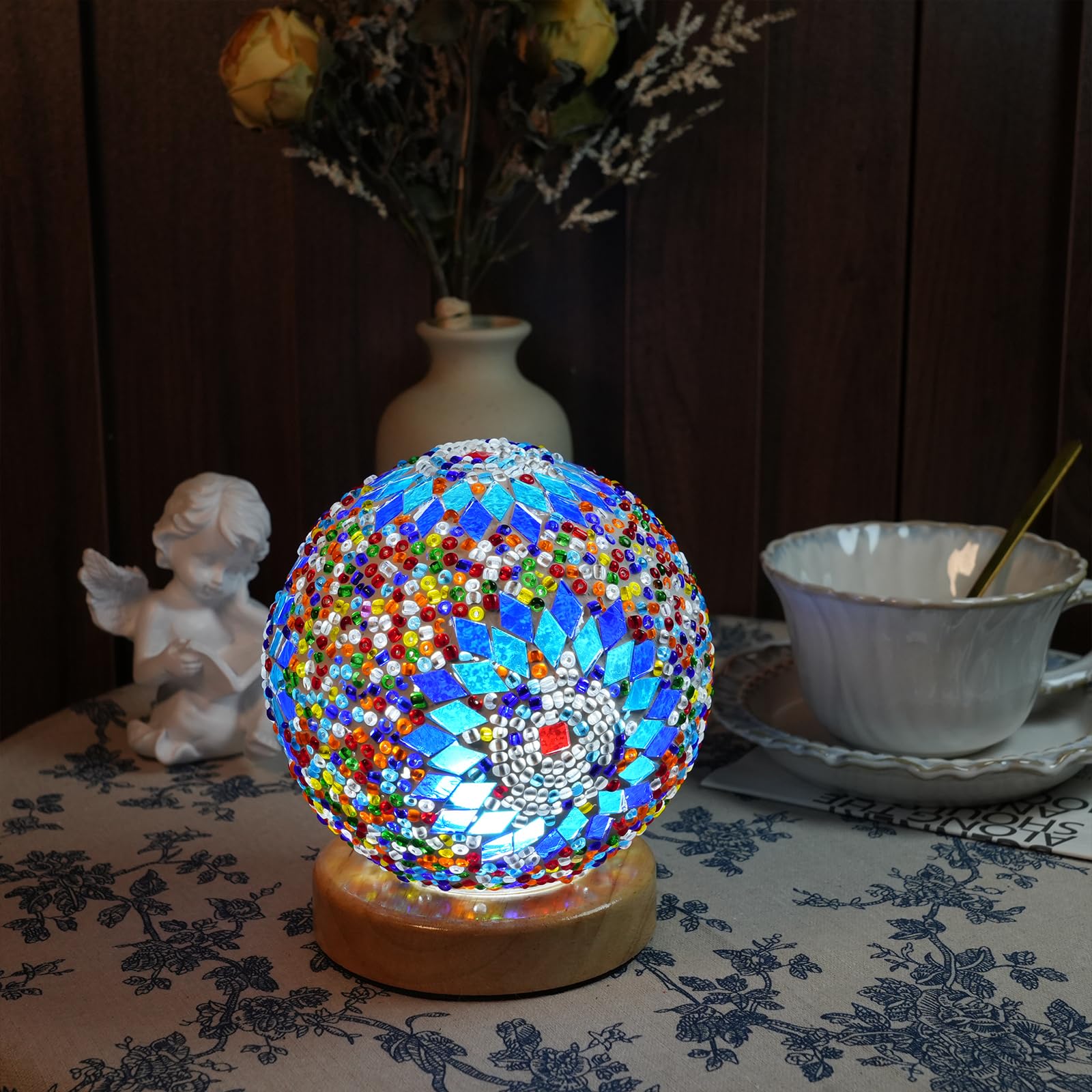 Haidoliang Turkish Table Lamp (D:4.7" X H:5.2"),Mosaic Glass Lamps With Wooden Base, Bohemian Tiffany Bedside Lamps, Usb Power Moroccan Lantern For Living Room Decorations (Boho - Blue, Boho)