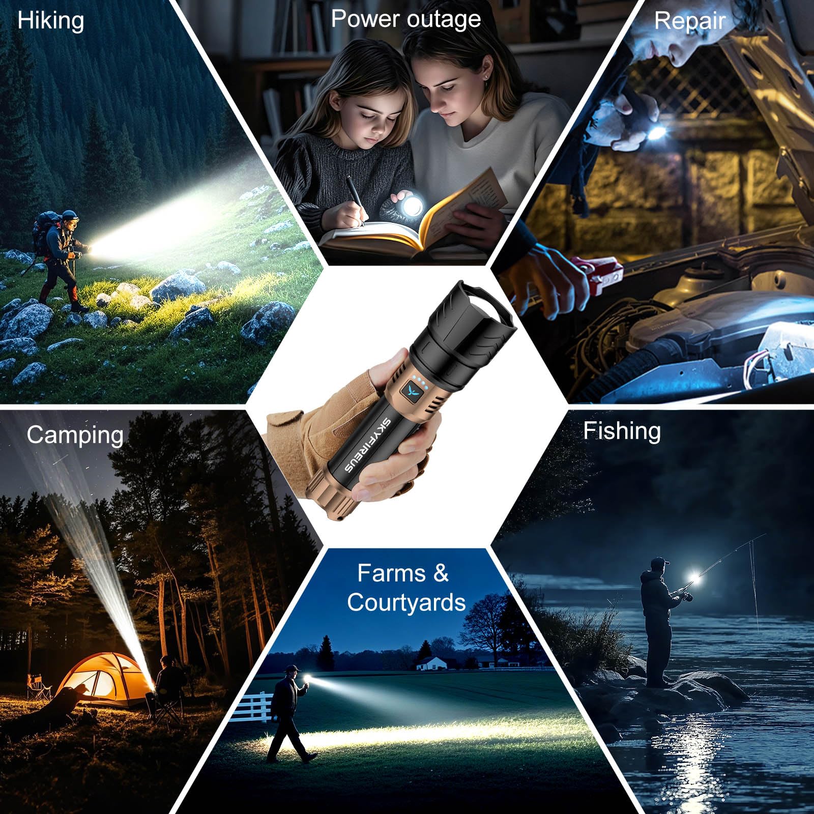 SKYFIRE Rechargeable Flashlight, 8000mAh, High Lumens, Zoomable, Waterproof LED, Model SF-1097-Type, Ideal for Camping and Emergencies