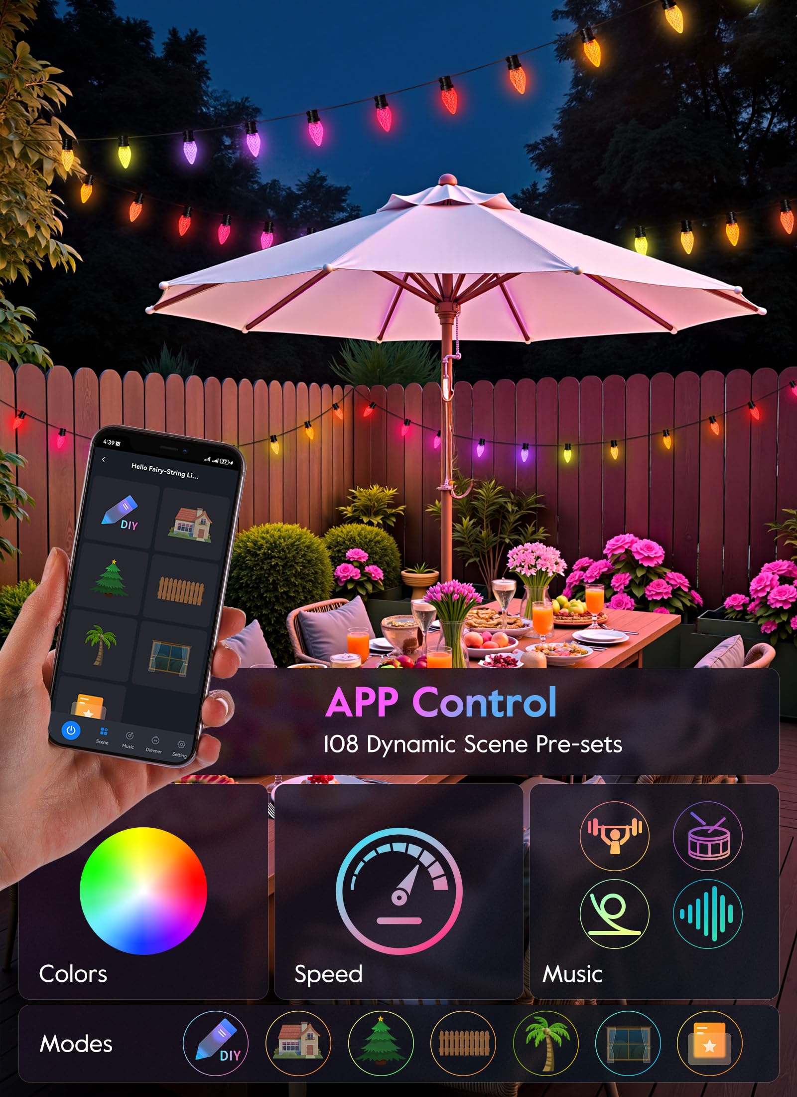 Brightown Smart C9 Christmas Lights Outdoor, 100 LED RGB C9 String Light with Remote, App Control, Music Sync, Connectable Water