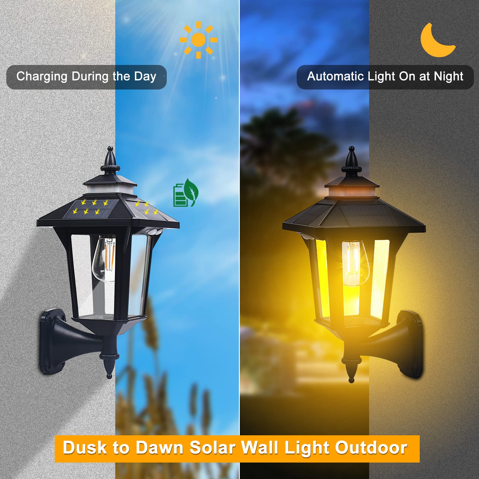 Ｍoodyfei 2 Pack Solar Wall Lantern Lights - Motion Sensor, Dusk to Dawn, Waterproof, Outdoor Wall Sconce, Model XHY1808, Solar Lights