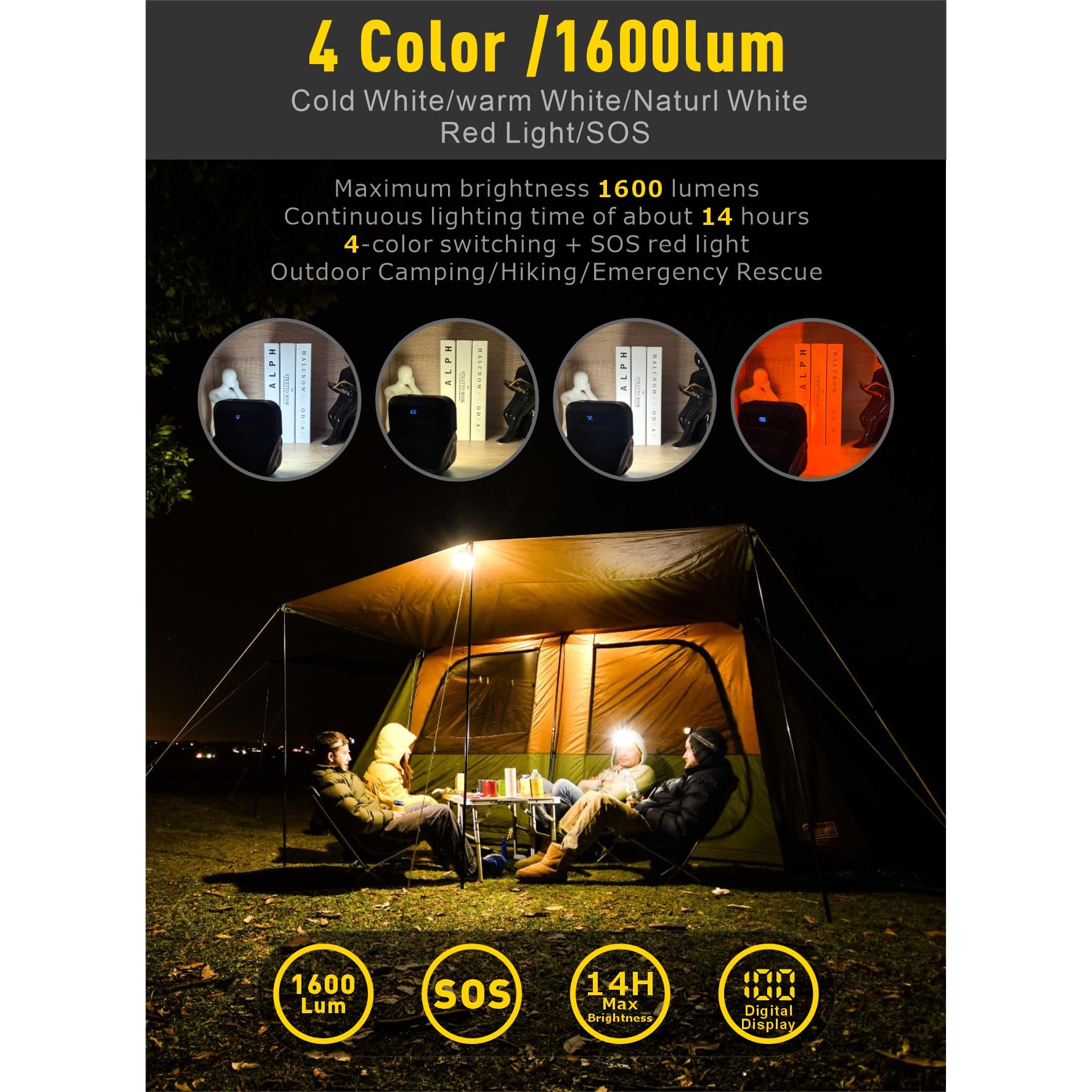 ASWAYKE 20000mAh Rechargeable LED Camping Lantern - 1600LM, QC3.0 22.5W, 4 - Color Switch, IPX5 Waterproof - Perfect for Camping