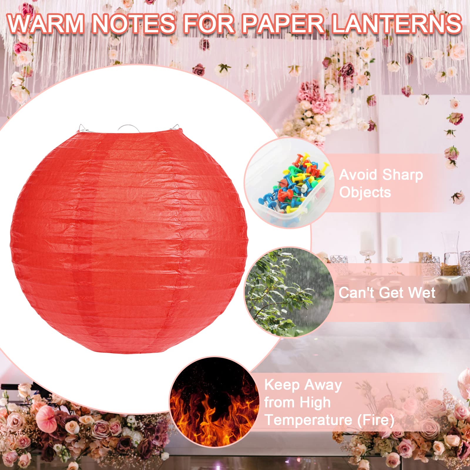 LIHAO 20 Pcs Red Paper Lanterns - Decorative Round Lanterns for New Year, Birthday, Xmas, Wedding - 4 Sizes, Metal, AMZ-GB359