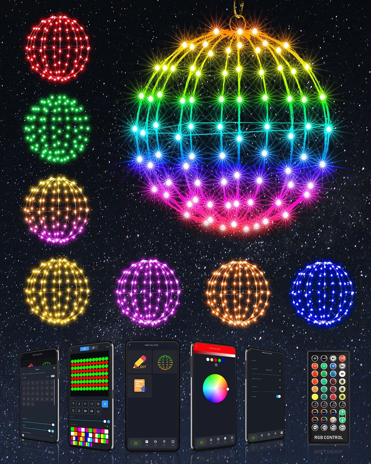 Smart RGB Outdoor Hanging Ball Lights - 11.8 inch 108LED Outdoor Color Changing Decorations Lights,Bluetooth APP Remote Control 