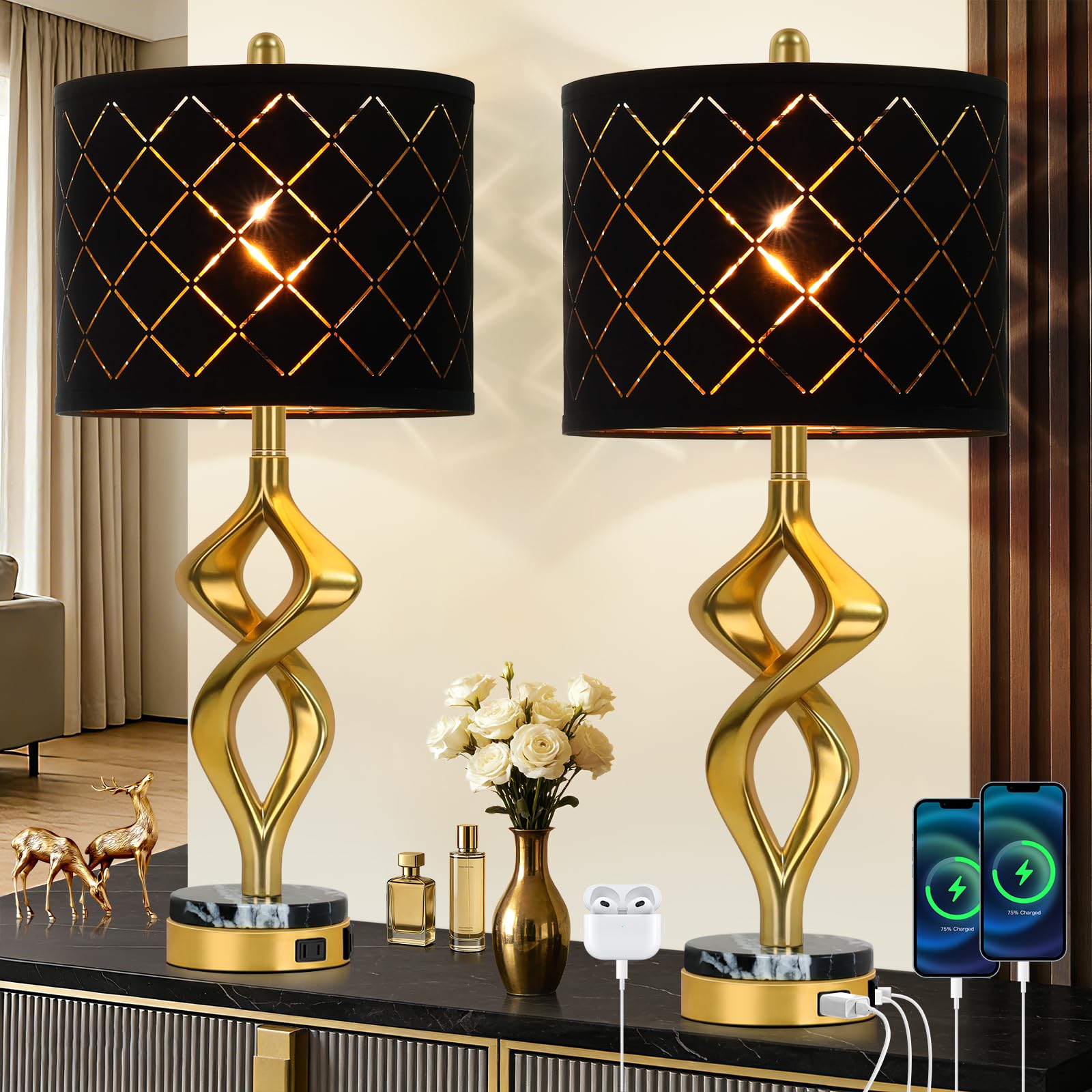 28.5 Modern Sculptural Living Room Table Lamps Set of 2 with USB Ports and Outlet  Gold Bedside Table Lamps with Black Marble Base  Nightstand Lamps for Bedroom with Elegant Black Grid Lampshade