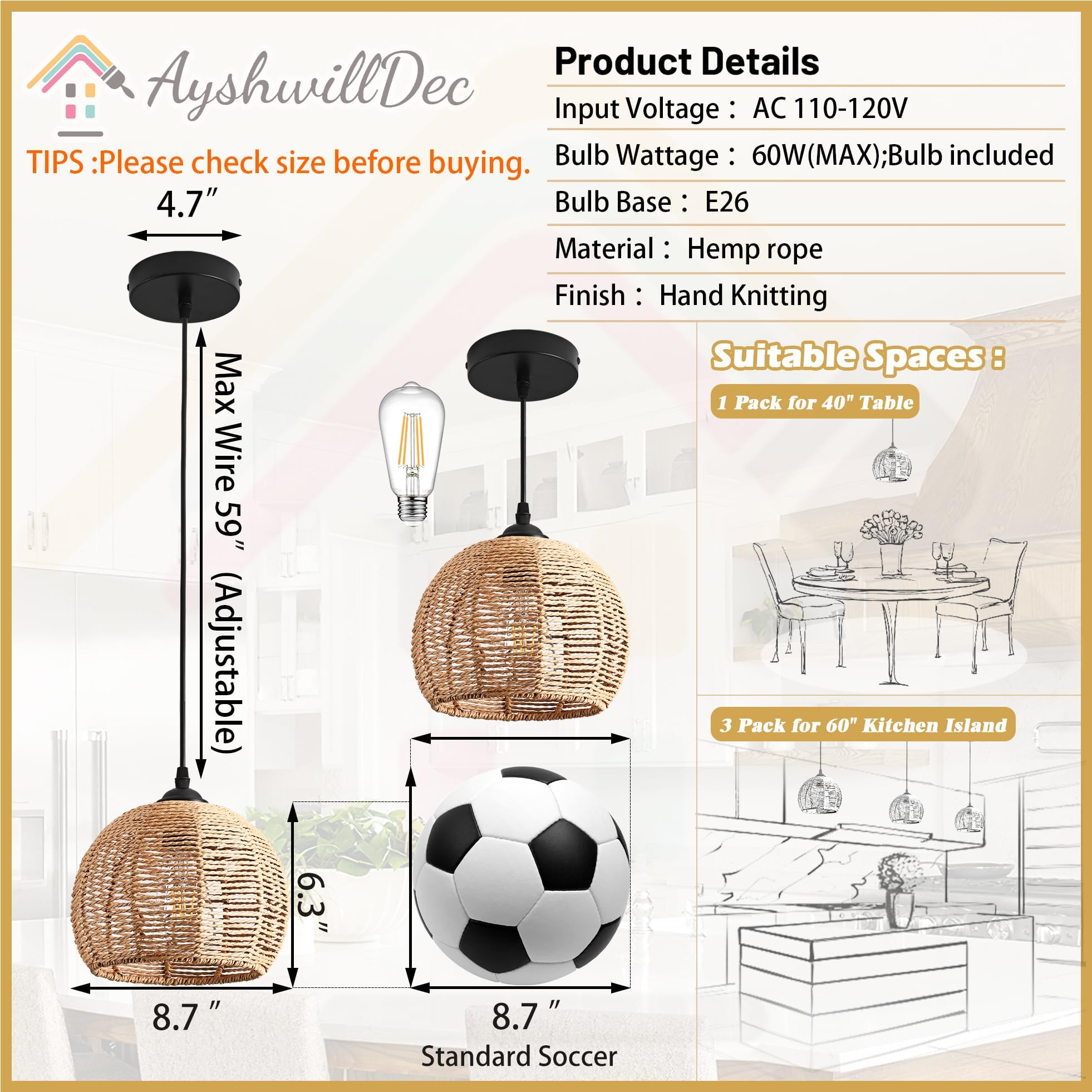 Ayshwilldec 3-Pack Natural Woven Wicker Pendant Lights, Boho Chandelier For Dining Room & Kitchen