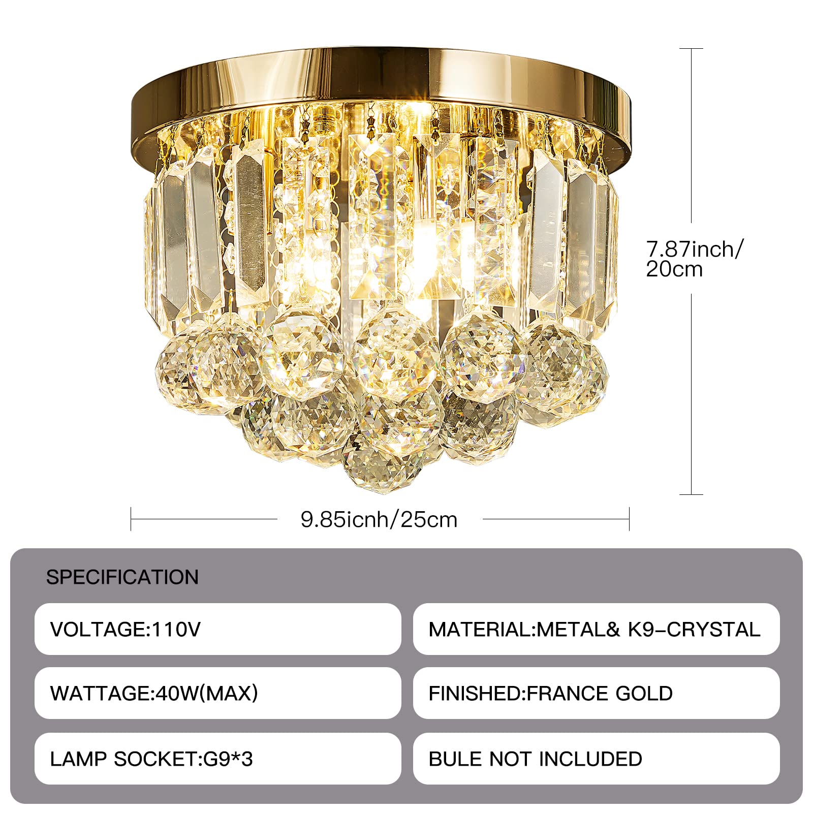 Gopmmy Round Crystal Lamp Chandelier,Modern Gold G9 Ceiling Mount Fixture Dia.9.85'' X H8.25 For Living Room Dining Room Hallway