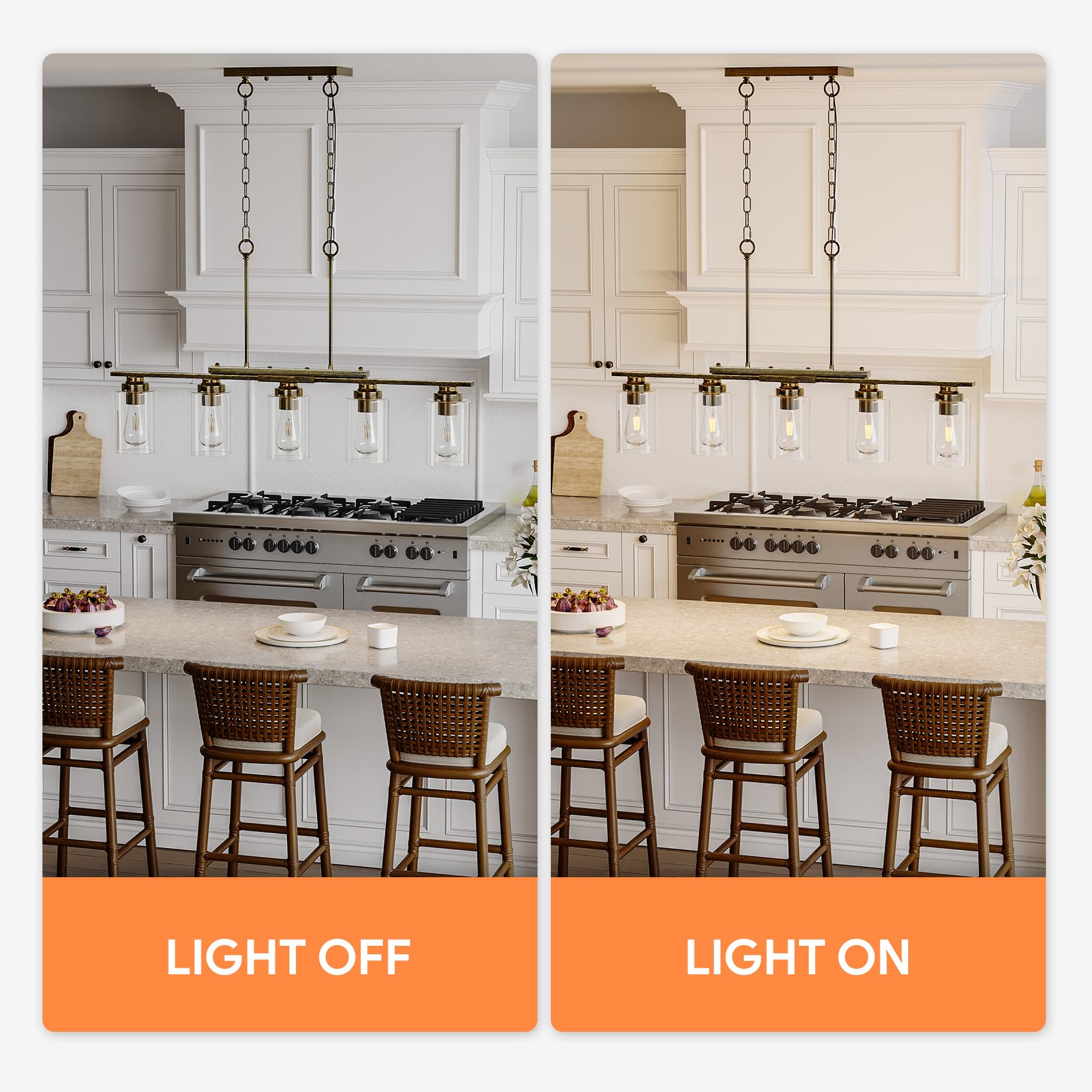 VONLUCE 5-Light Kitchen Island Lighting Fixture, Antique Black Glass Shade, Adjustable Rods, ETL Certified Chandelier for Dining Room